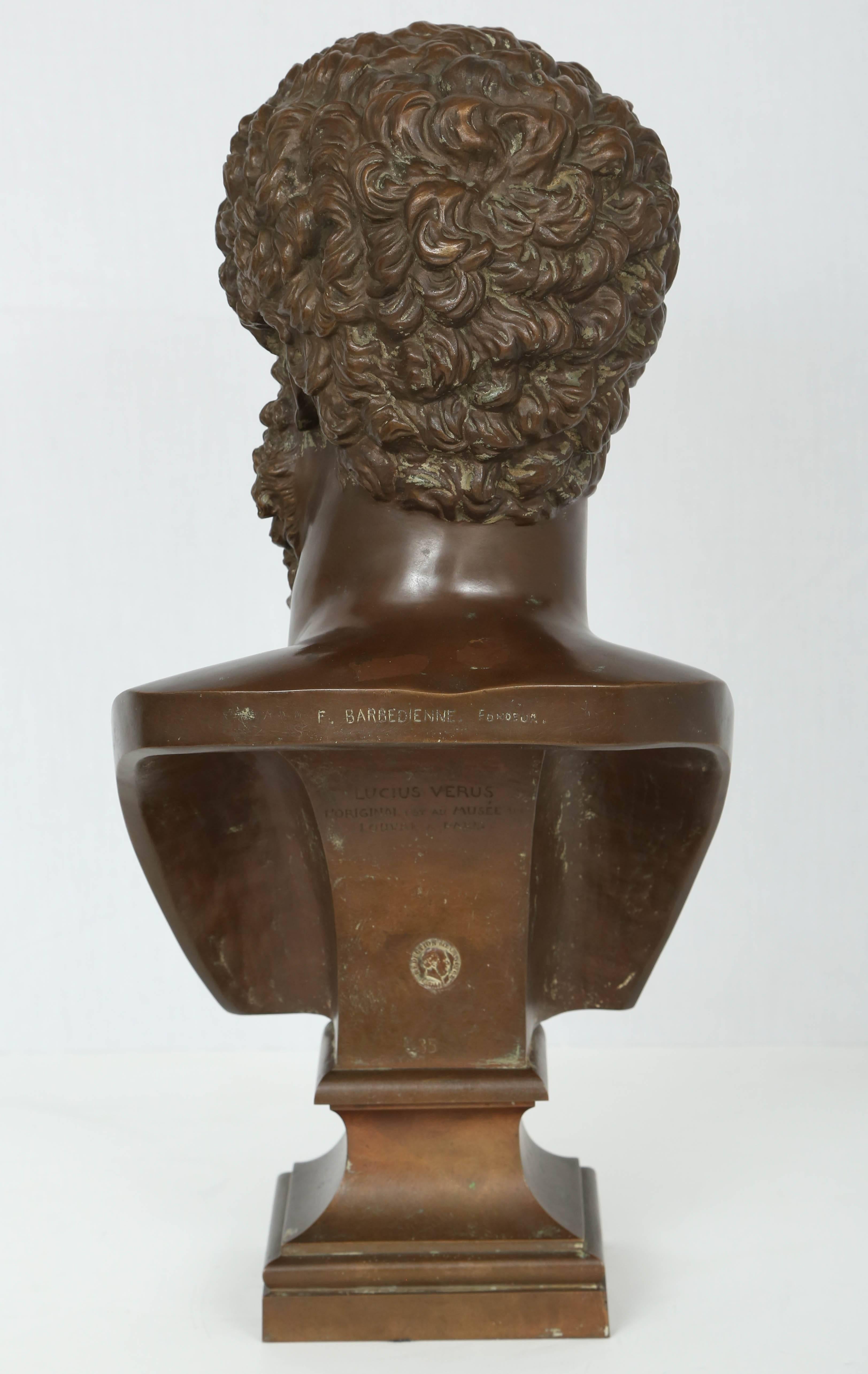 Neoclassical Revival 19th Century, Italian Bronze Bust of Lucius Verus by F. Barbadienne Foundry For Sale