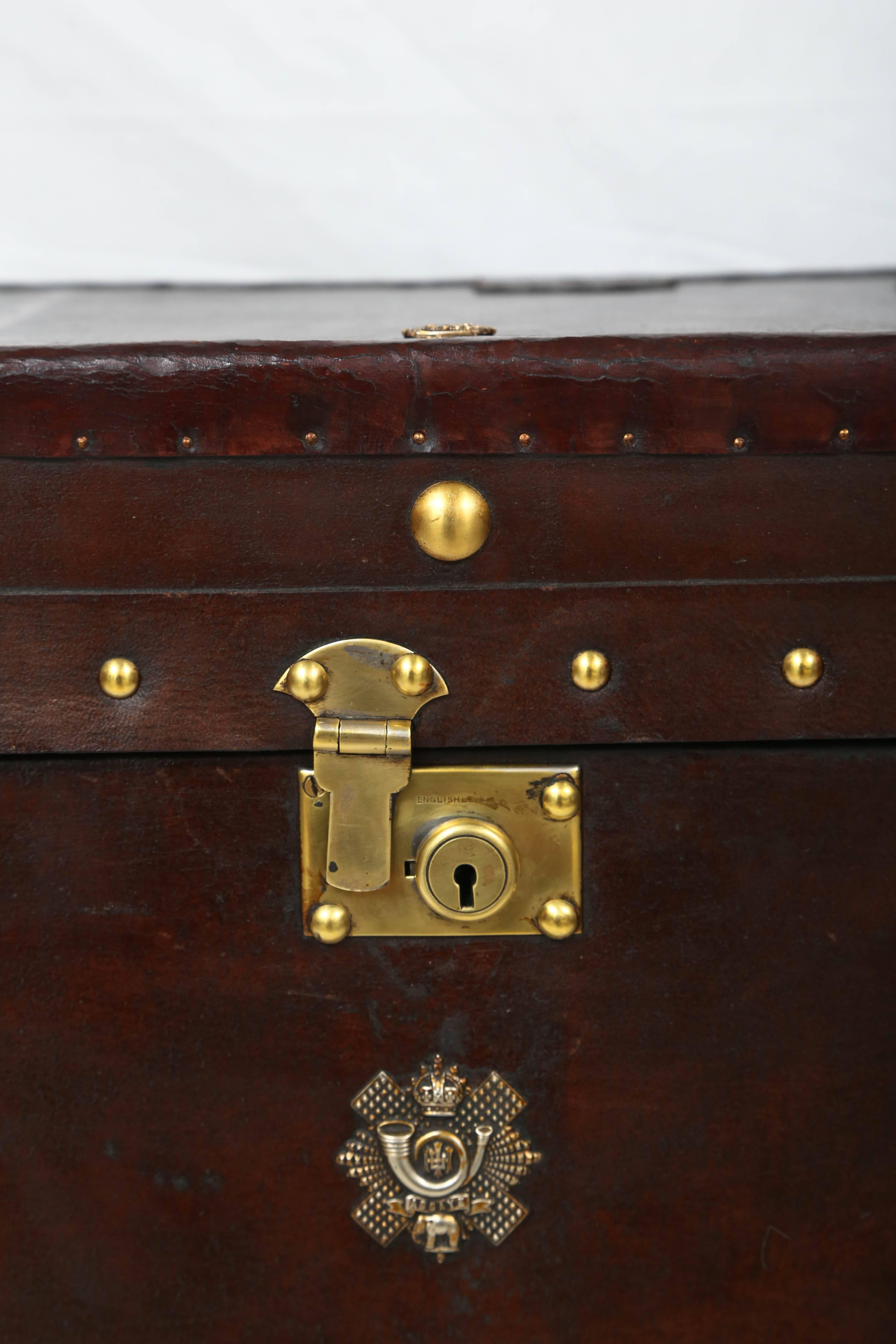 English Pair of Vintage Leather Storage Trunks with Brass Trim