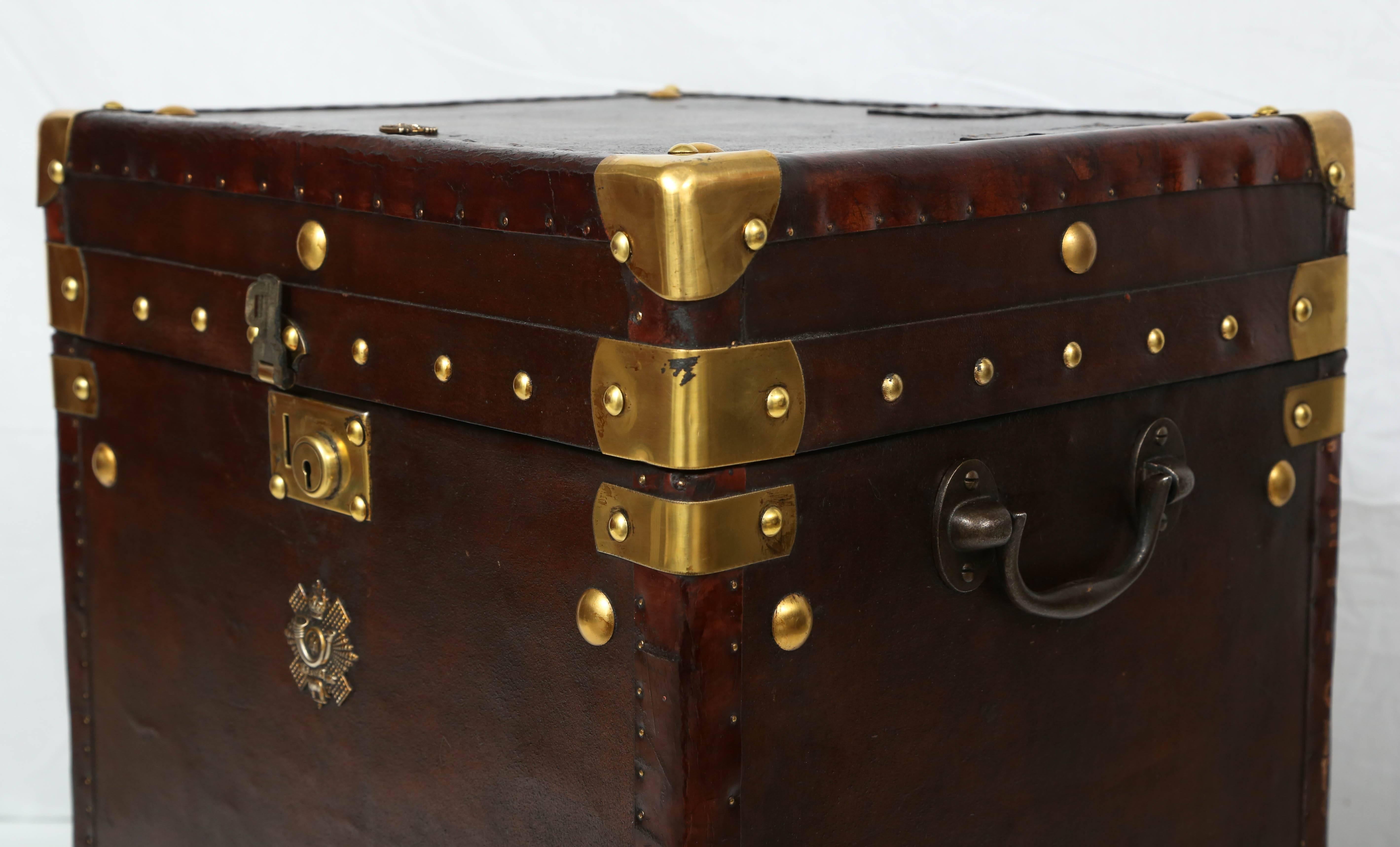 Pair of Vintage Leather Storage Trunks with Brass Trim In Excellent Condition In West Palm Beach, FL