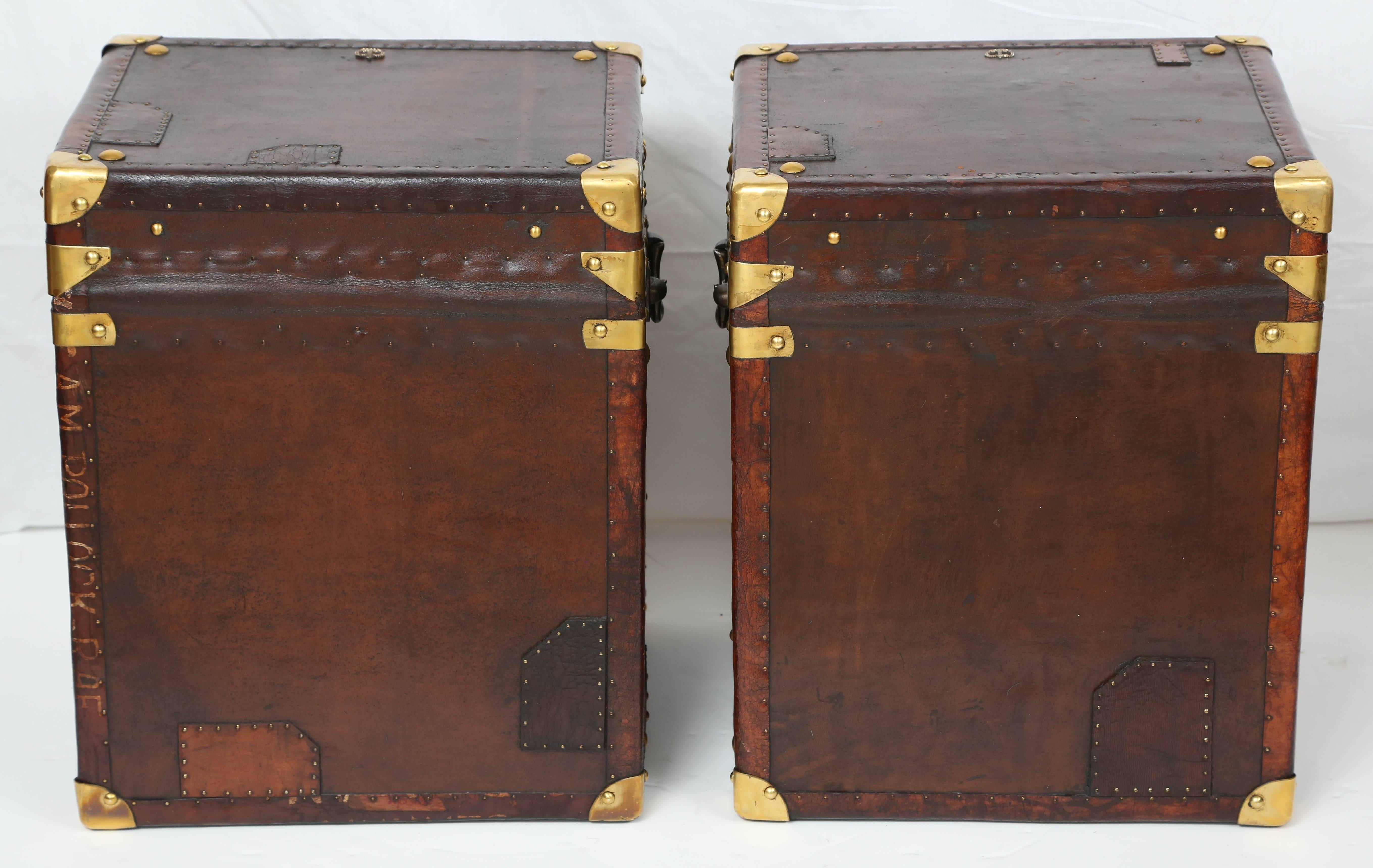 Pair of Vintage Leather Storage Trunks with Brass Trim 2
