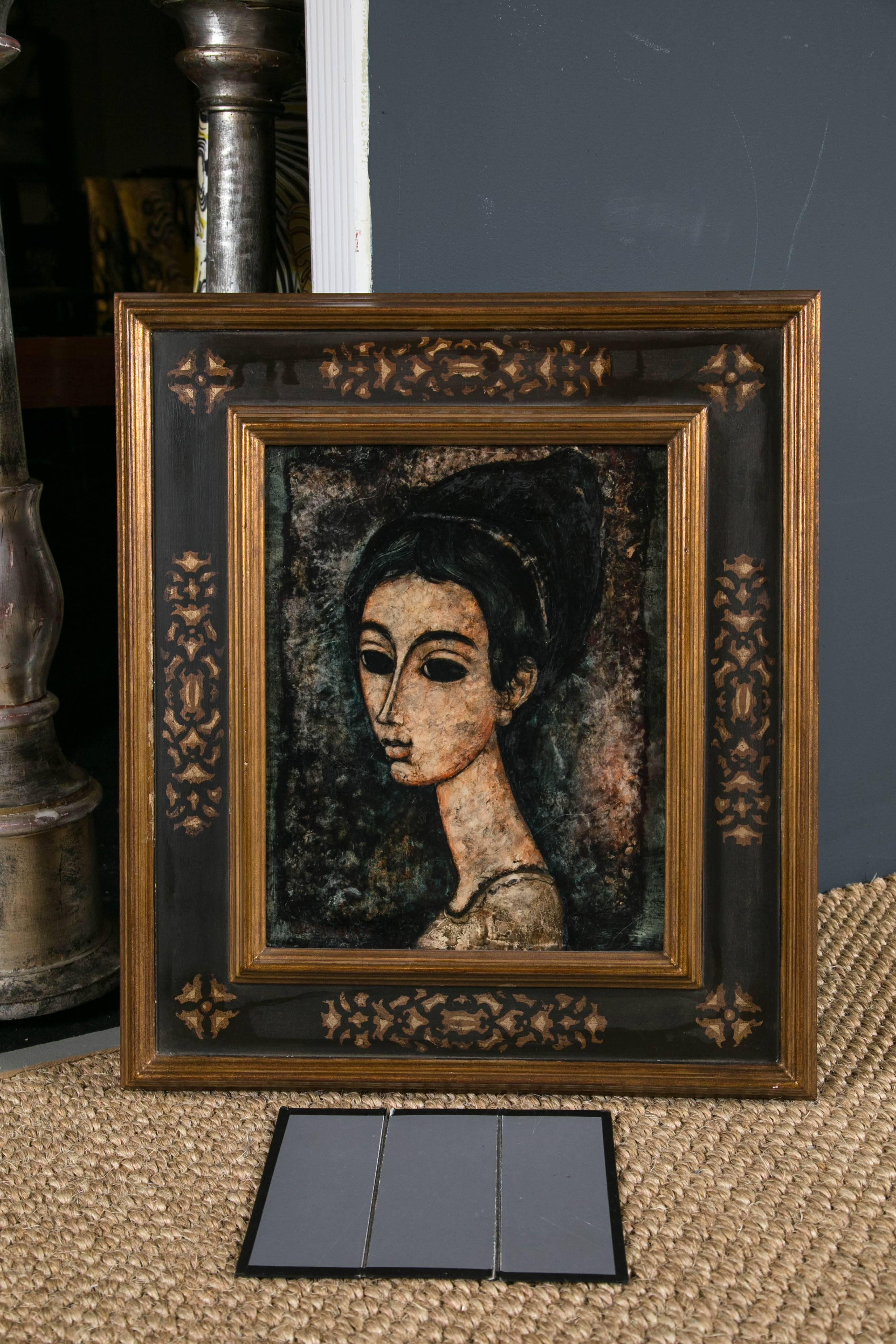 A vintage modernist painting done in the manner of Modigliani depicting a distinguished lady. Having masterful composition with subtle brush strokes showing expression. Artist signed (illegible) in its original midcentury frame.