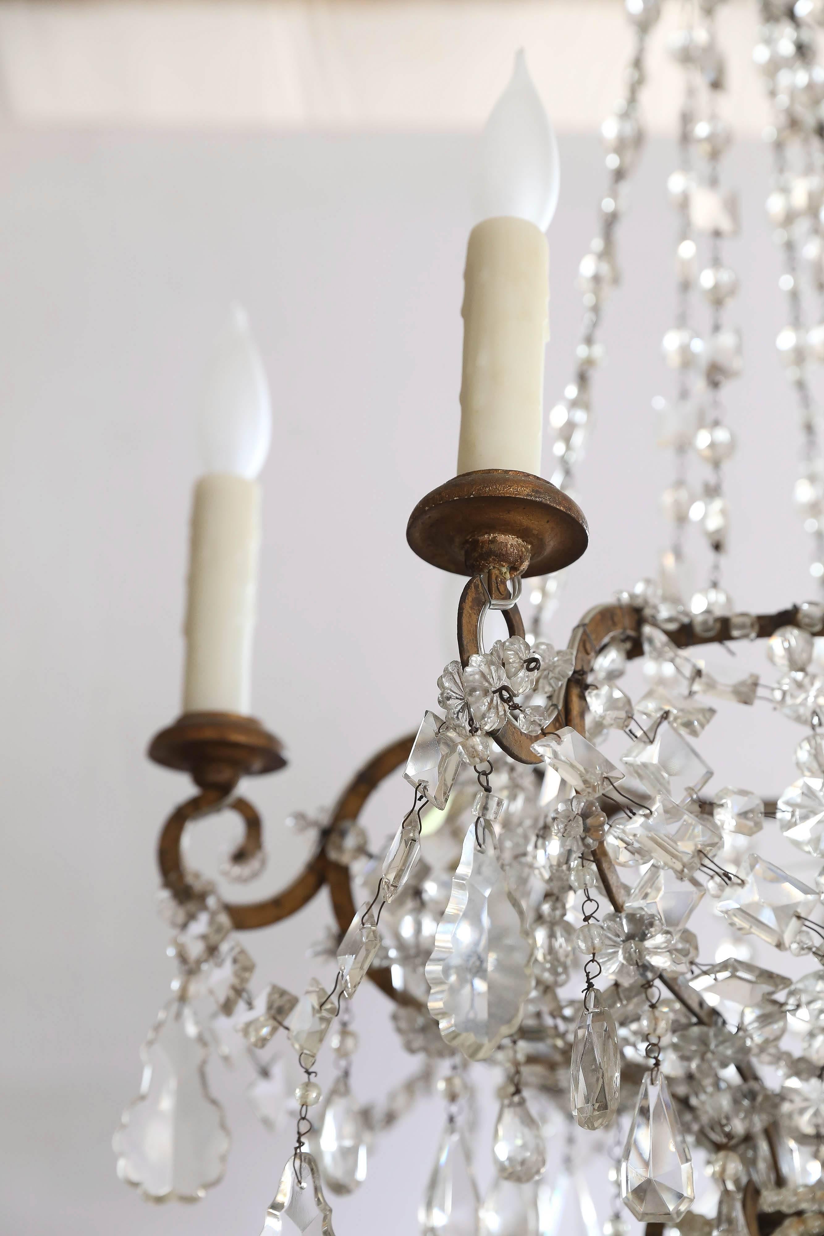 Italian Early 1900s Crystal Chandelier with Wood Gilt Candle Light Holders In Good Condition For Sale In Houston, TX