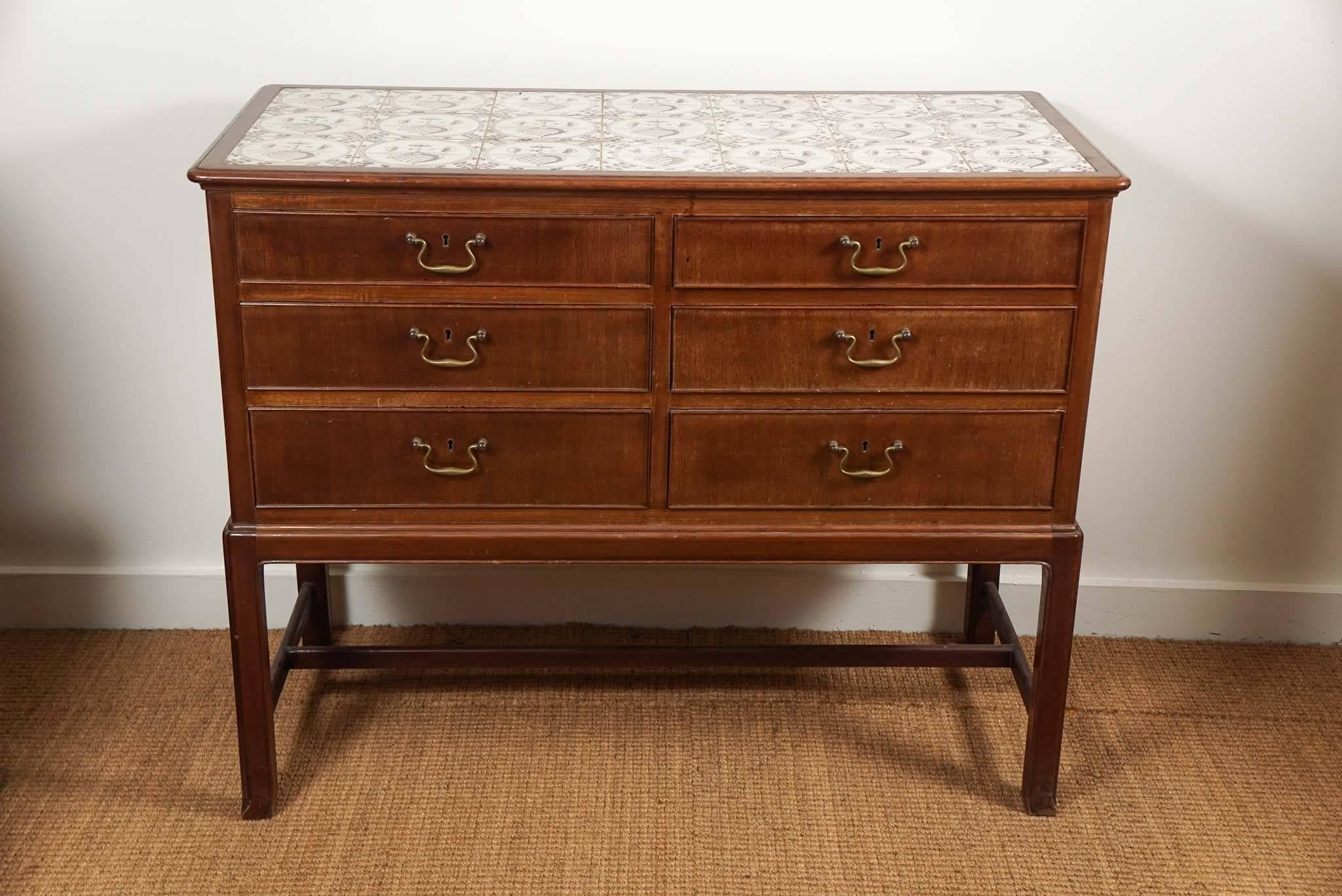 Lovely, mahogany, tile-top server, by Danish designer, Frits Henningsen, of Klassil, Copenhagen.