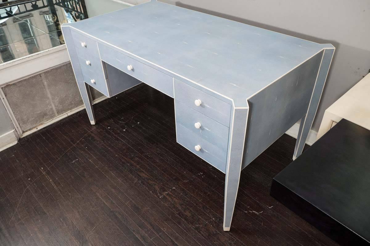 Art Deco Custom Blue Shagreen and Bone Desk For Sale