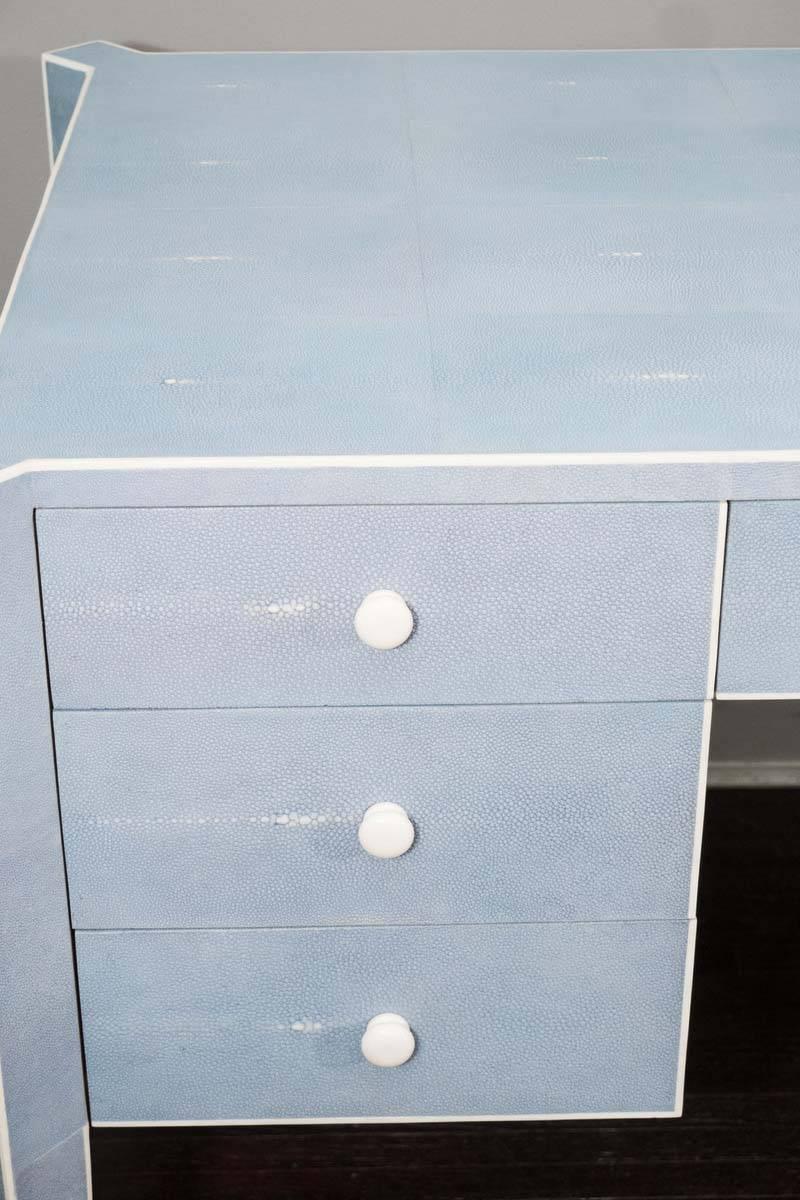 Veneer Custom Blue Shagreen and Bone Desk For Sale