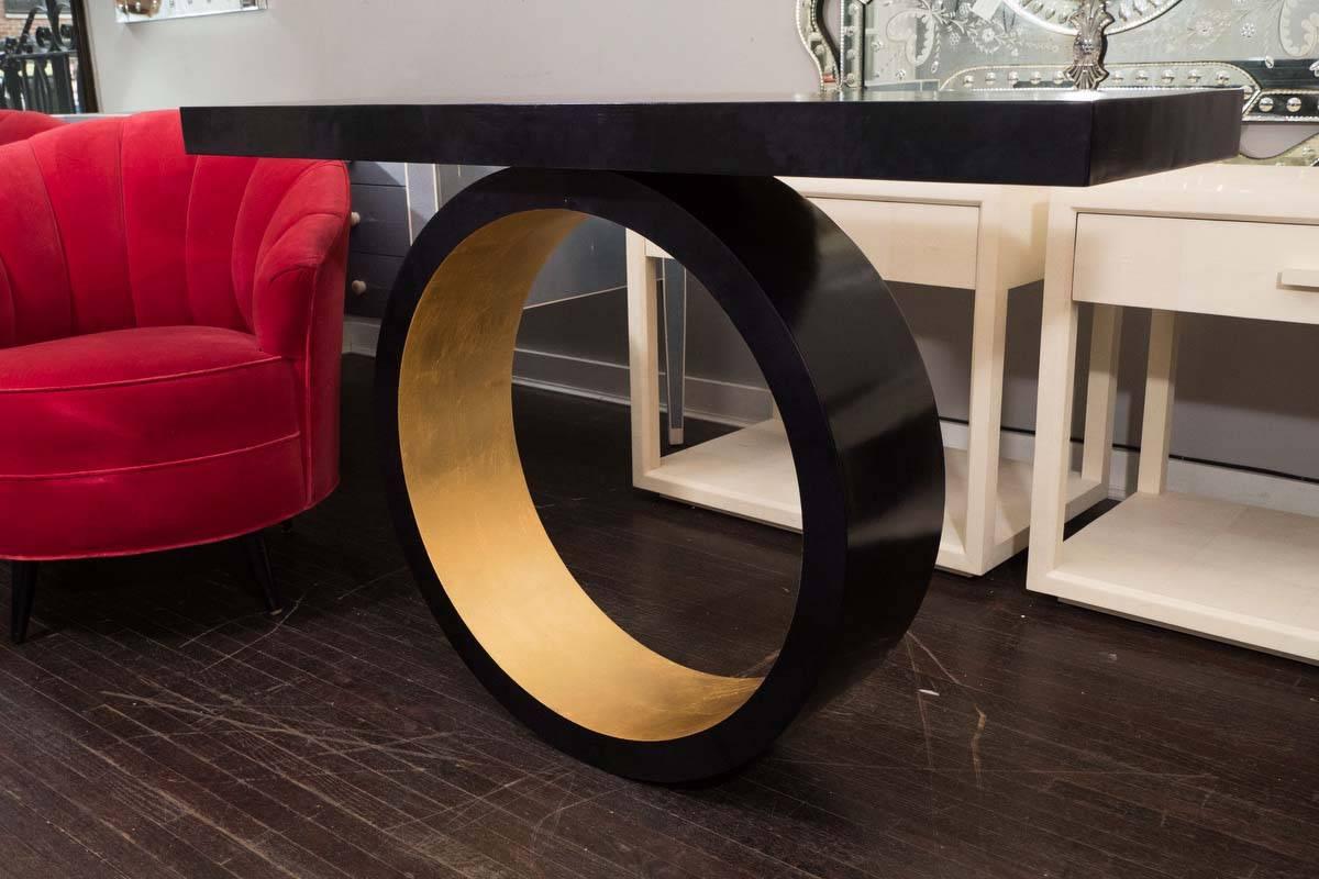 Modern Custom Black Parchment Wall-Mount Circle Console with Gold Leaf Interior For Sale