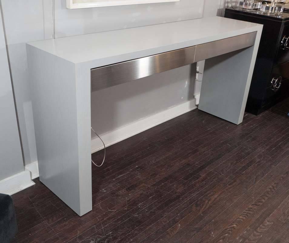 Modern Custom Gray Stained Console with Brushed Stainless Steel Drawers For Sale