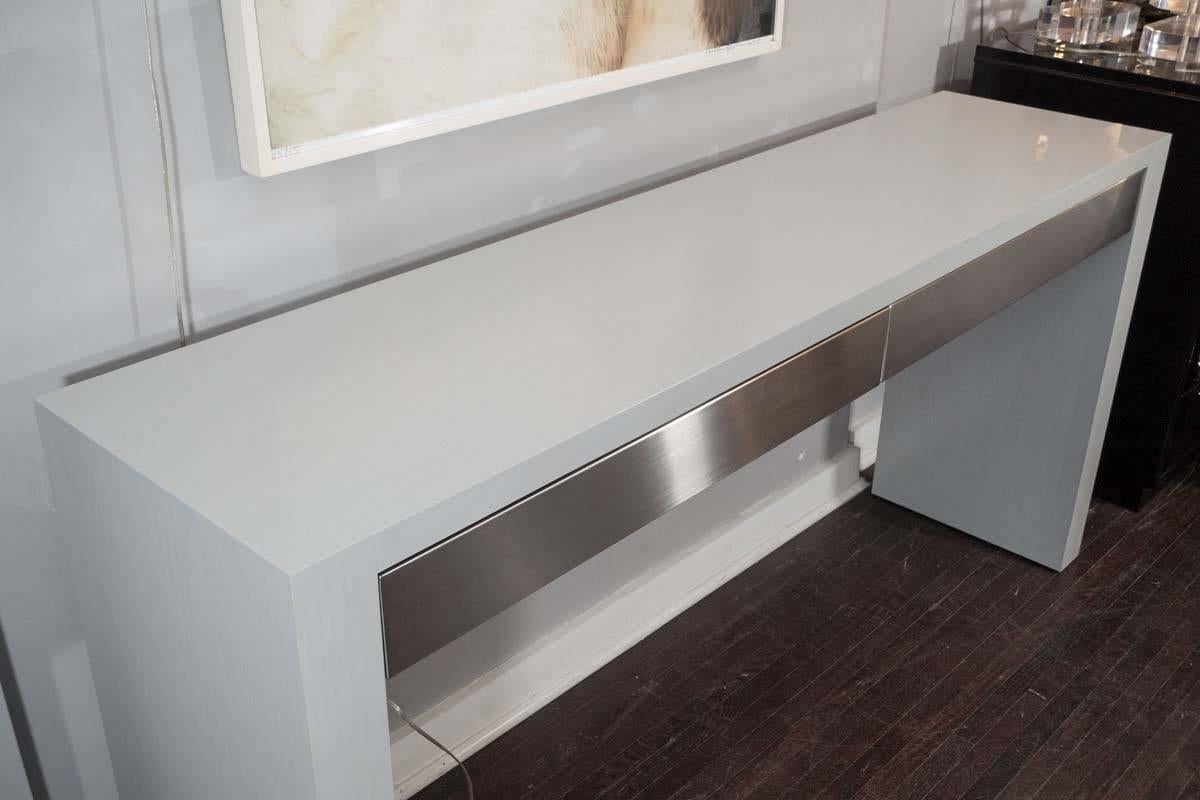 Contemporary Custom Gray Stained Console with Brushed Stainless Steel Drawers For Sale