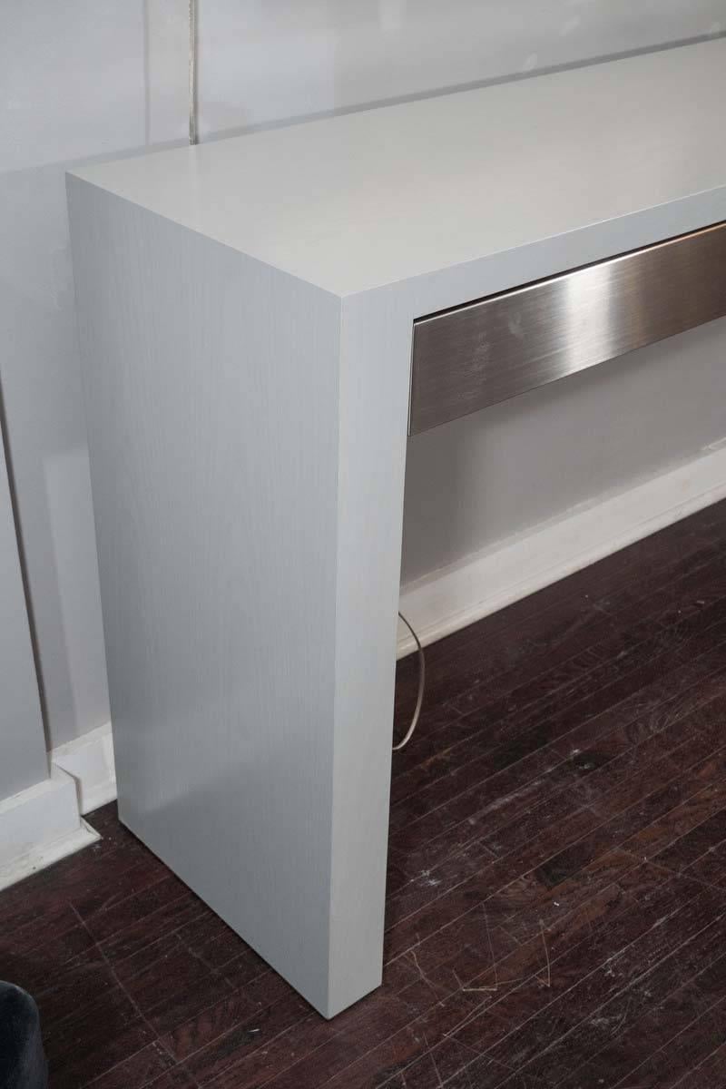 Custom Gray Stained Console with Brushed Stainless Steel Drawers For Sale 1