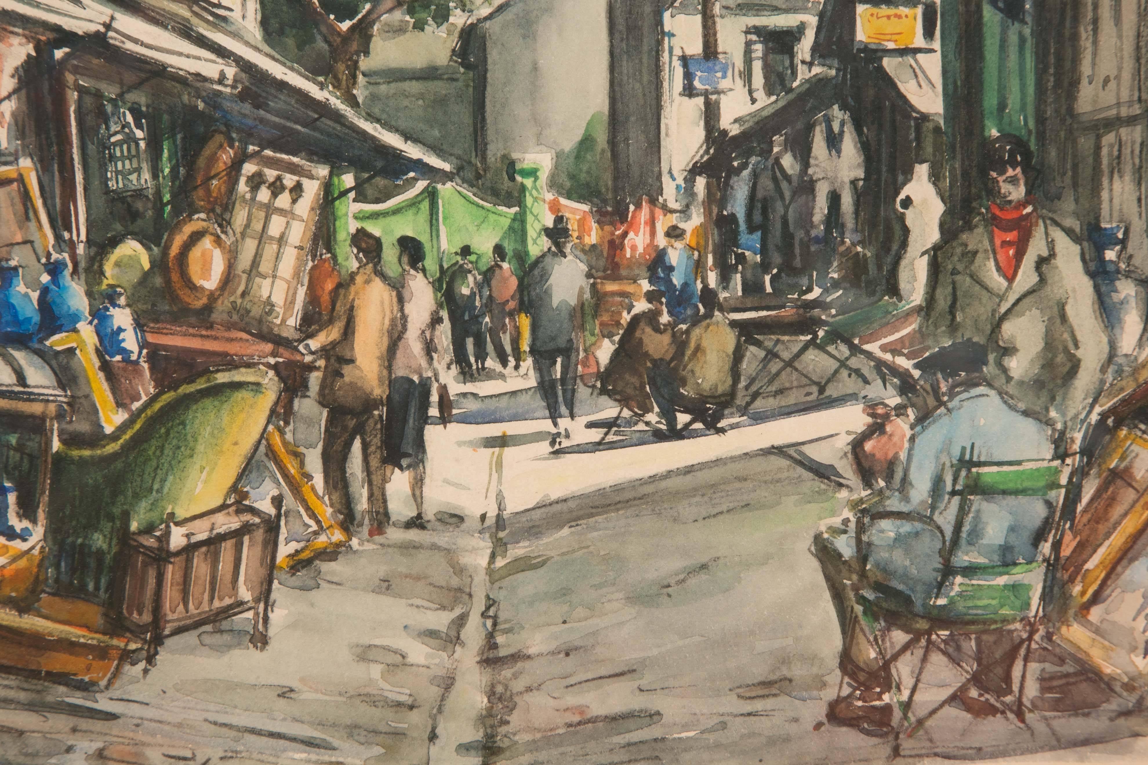 André Duculty Watercolor, View of the Clignancourt Flea Market In Excellent Condition For Sale In Paris, FR