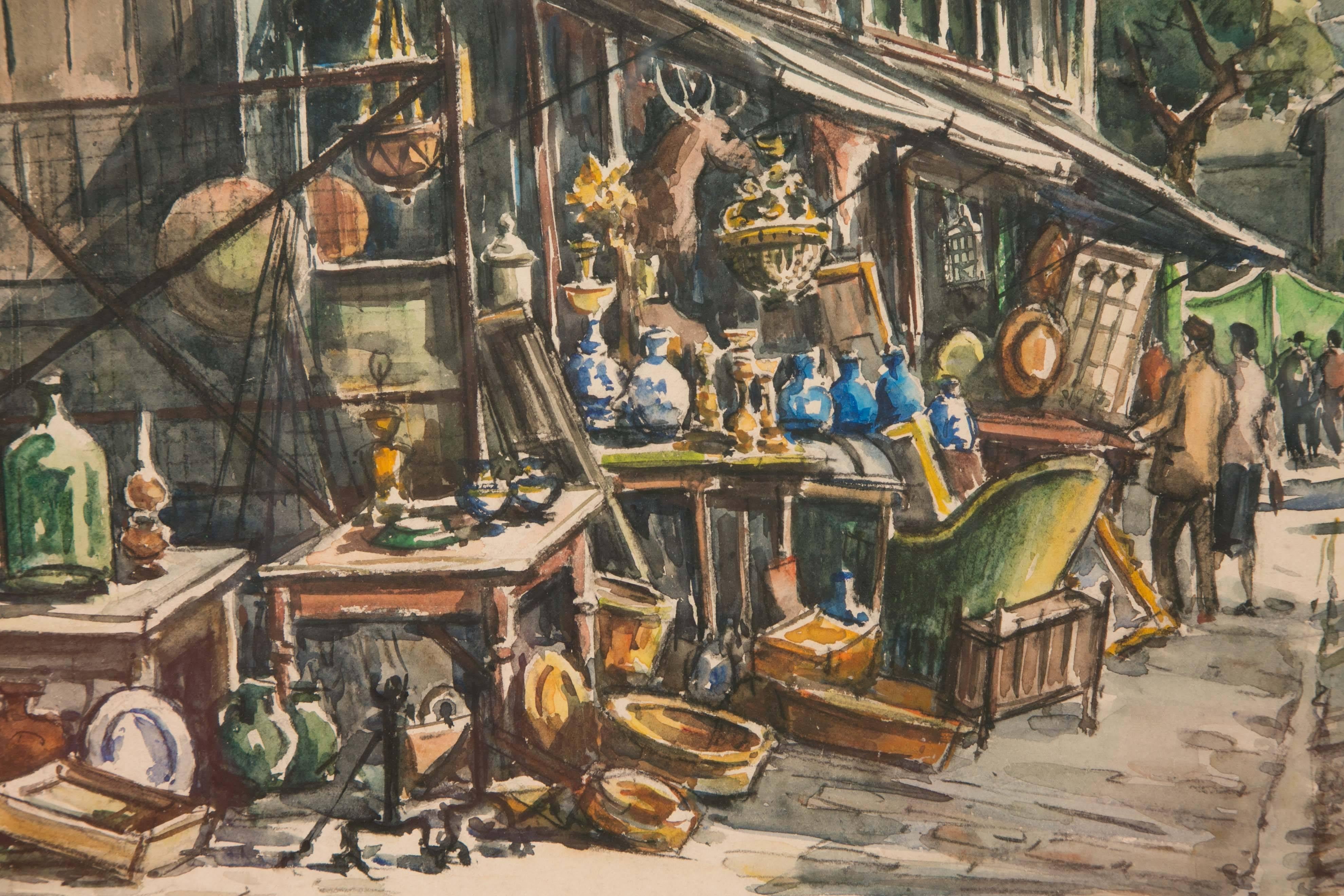20th Century André Duculty Watercolor, View of the Clignancourt Flea Market For Sale