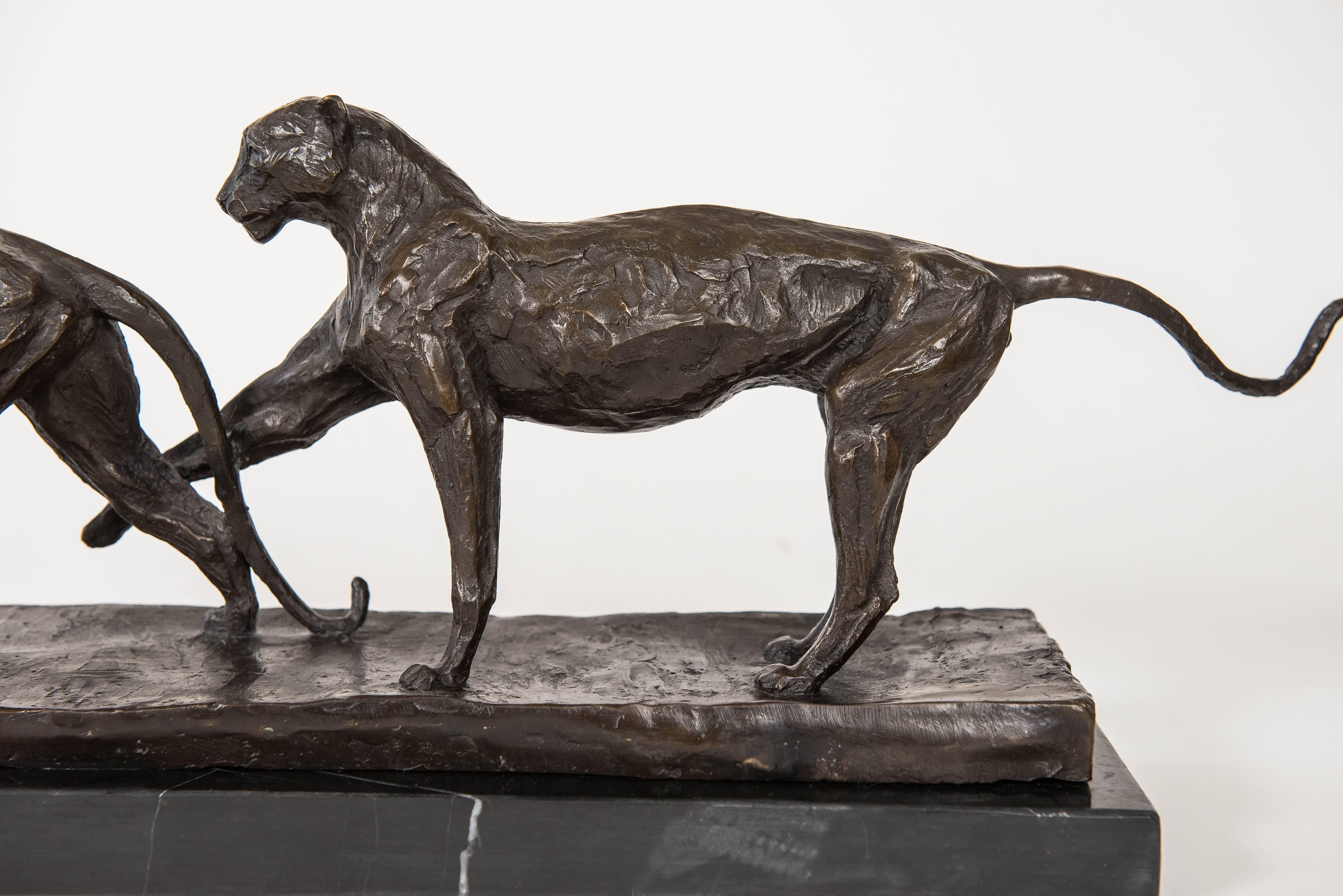 Modern Pair of Bronze Panthers Sculpture For Sale
