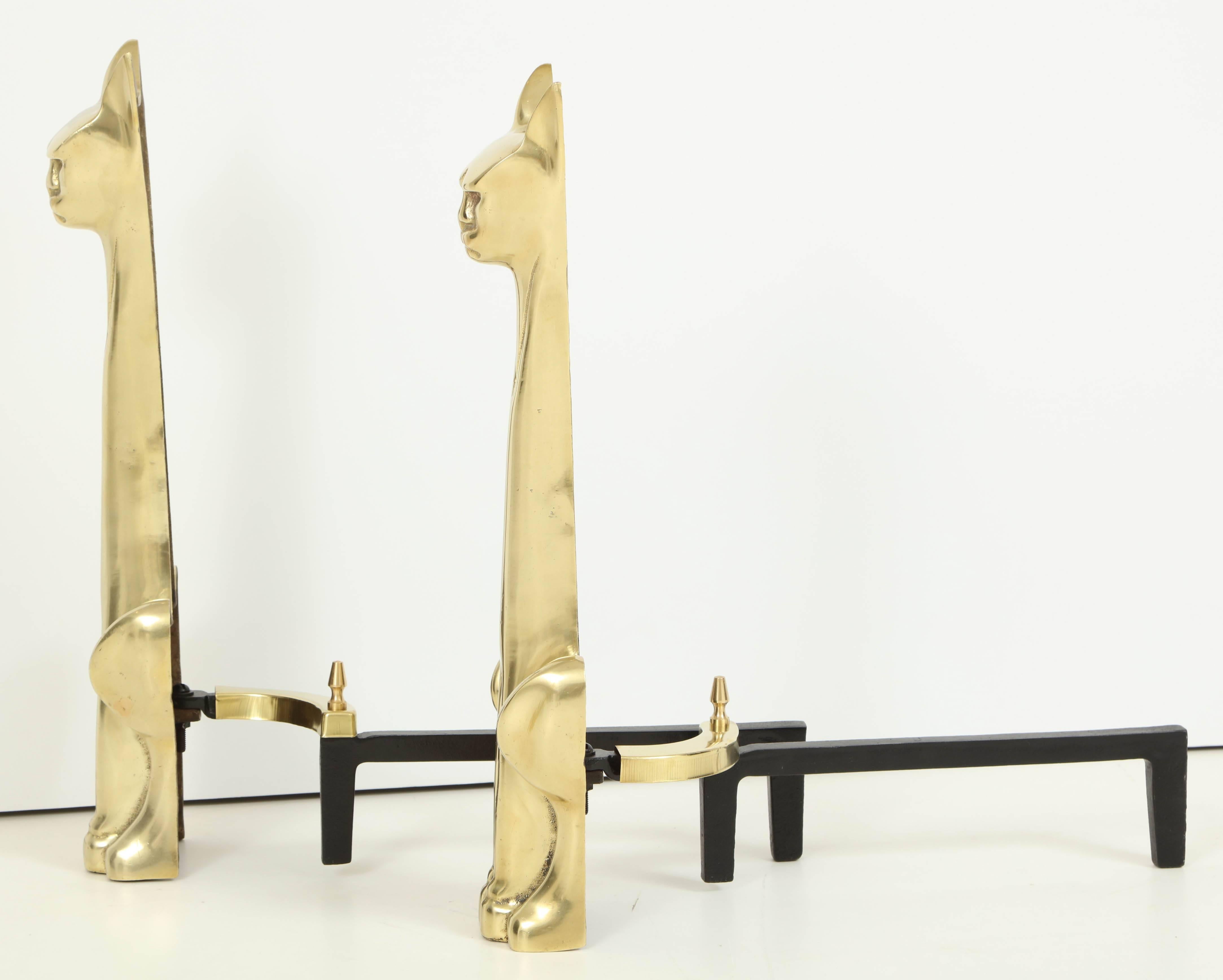 Andirons, Brass, Cats, C 1950 In Excellent Condition In New York, NY