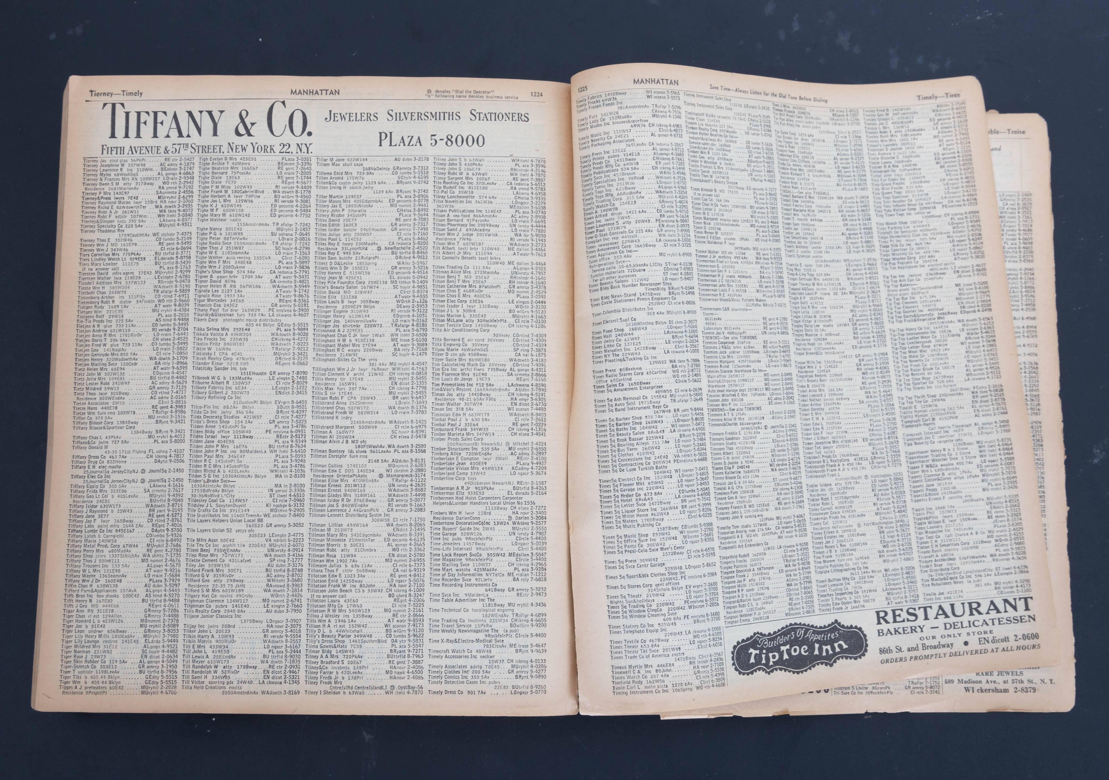 A residential and commercial phone book, listing numbers and addresses of Manhattan, NYC, 1946. 1354 pages that also have some display adv.