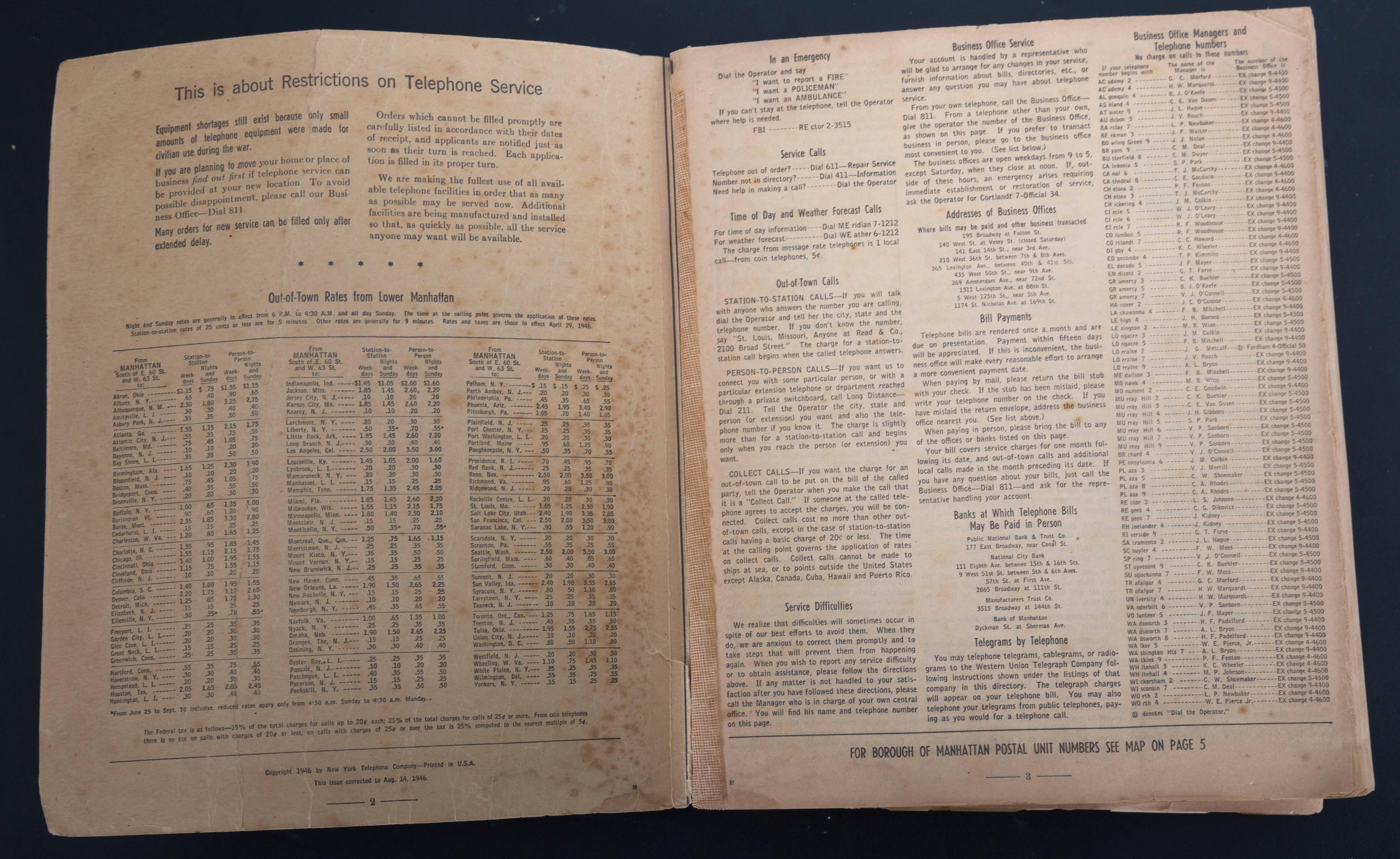1946 Manhattan Telephone Directory In Fair Condition In Southampton, NY