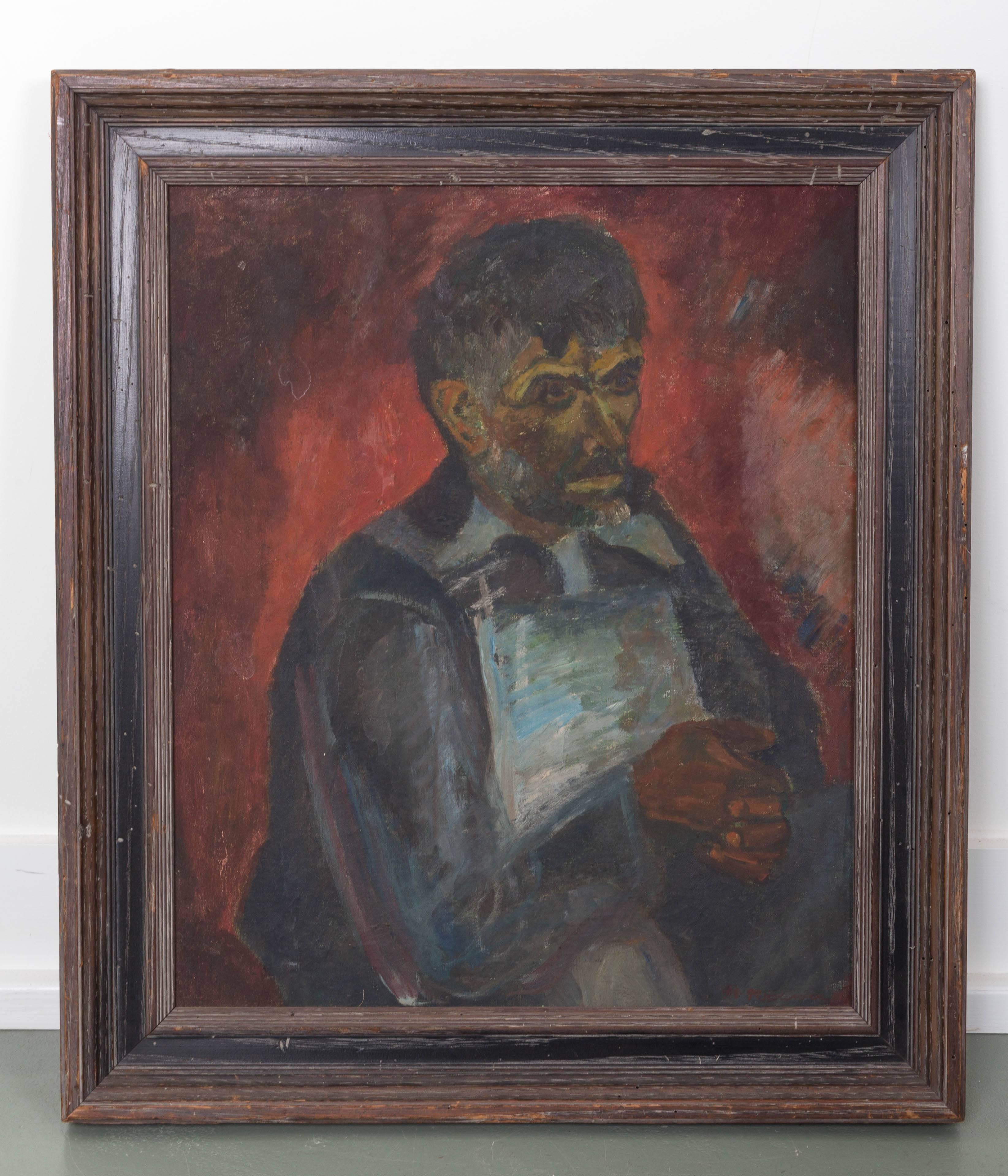 Portrait of beaded man, isigned 1937.  Dark red background oil on canvas. Nicely framed.