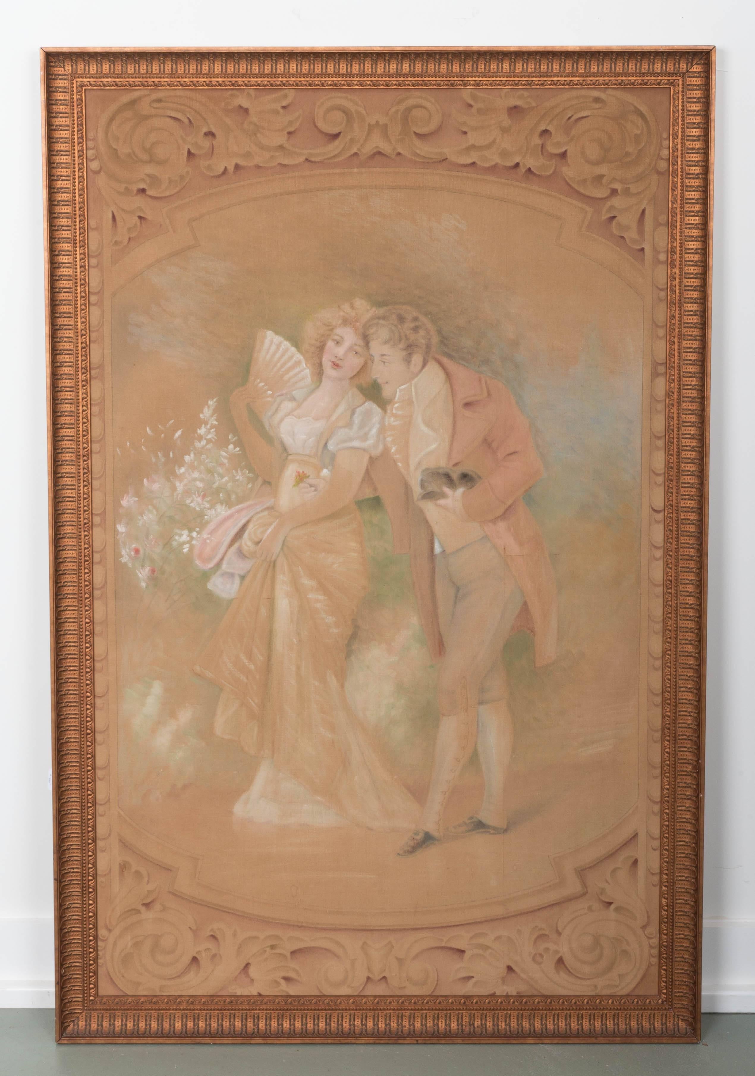 Late 19th century paint on linen romantic couple inside scroll work cartouche.