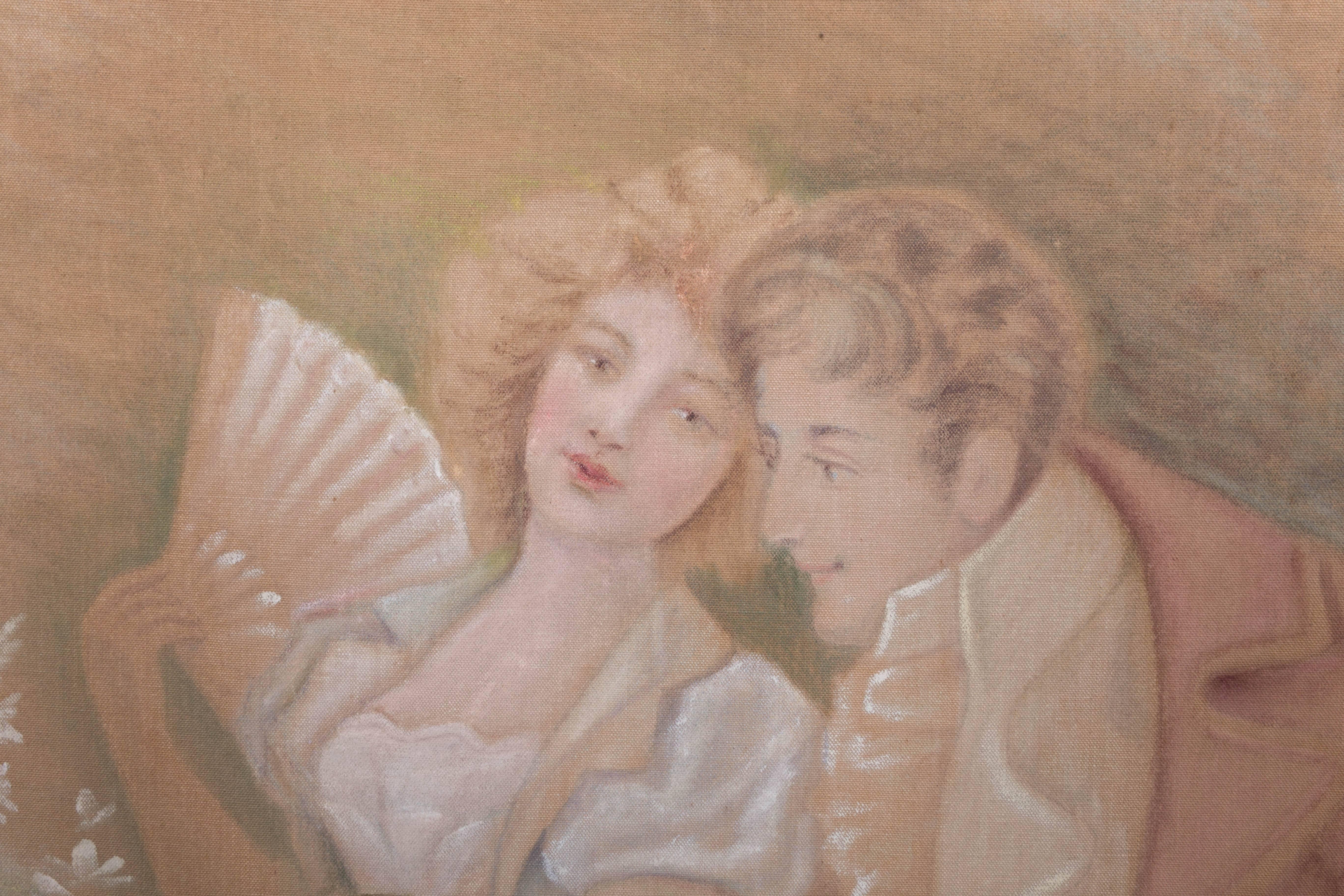 Edwardian Amorous Couple, Gouache on Linen Canvas For Sale