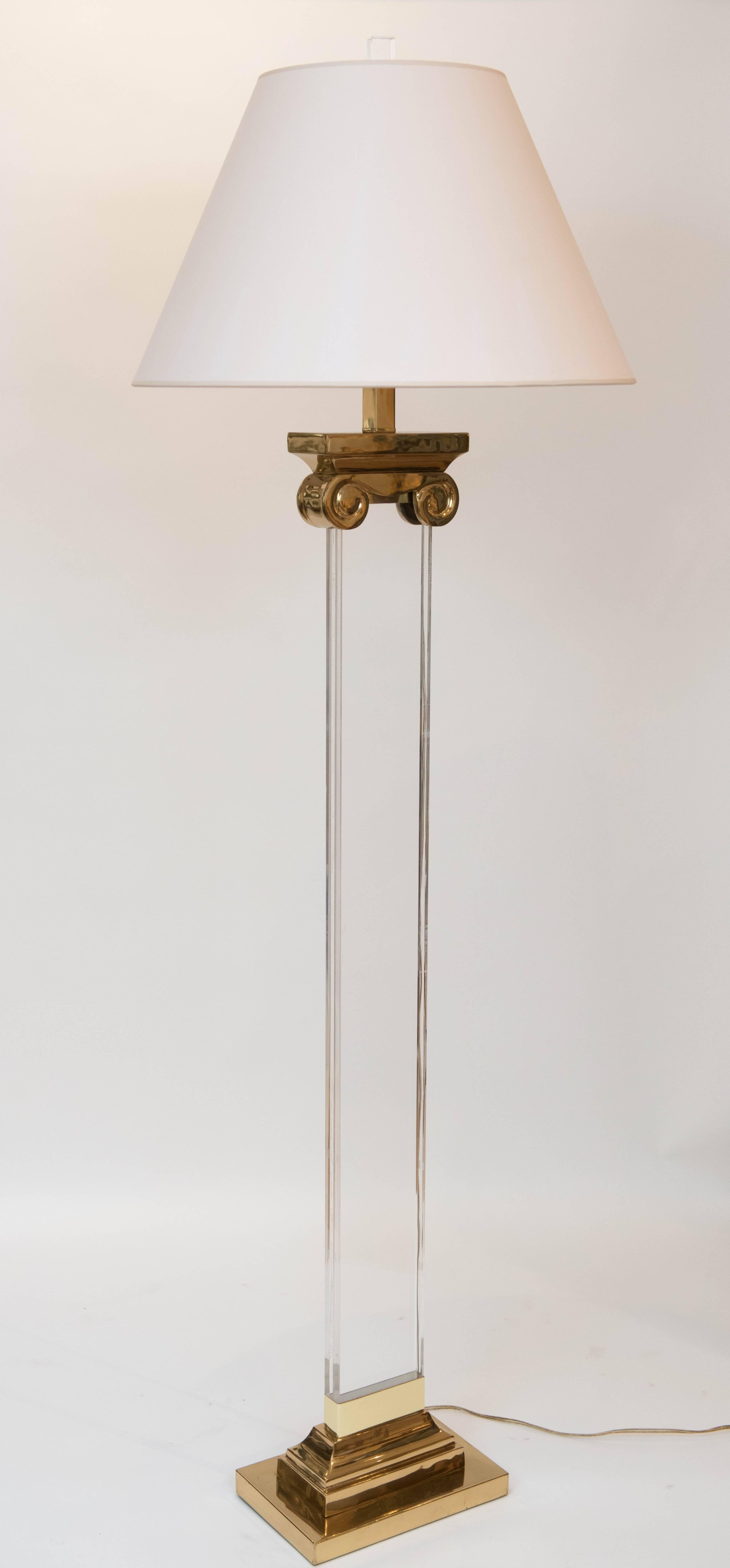 Molded Pair of Acrylic and Brass Neoclassical Column Floor Lamps