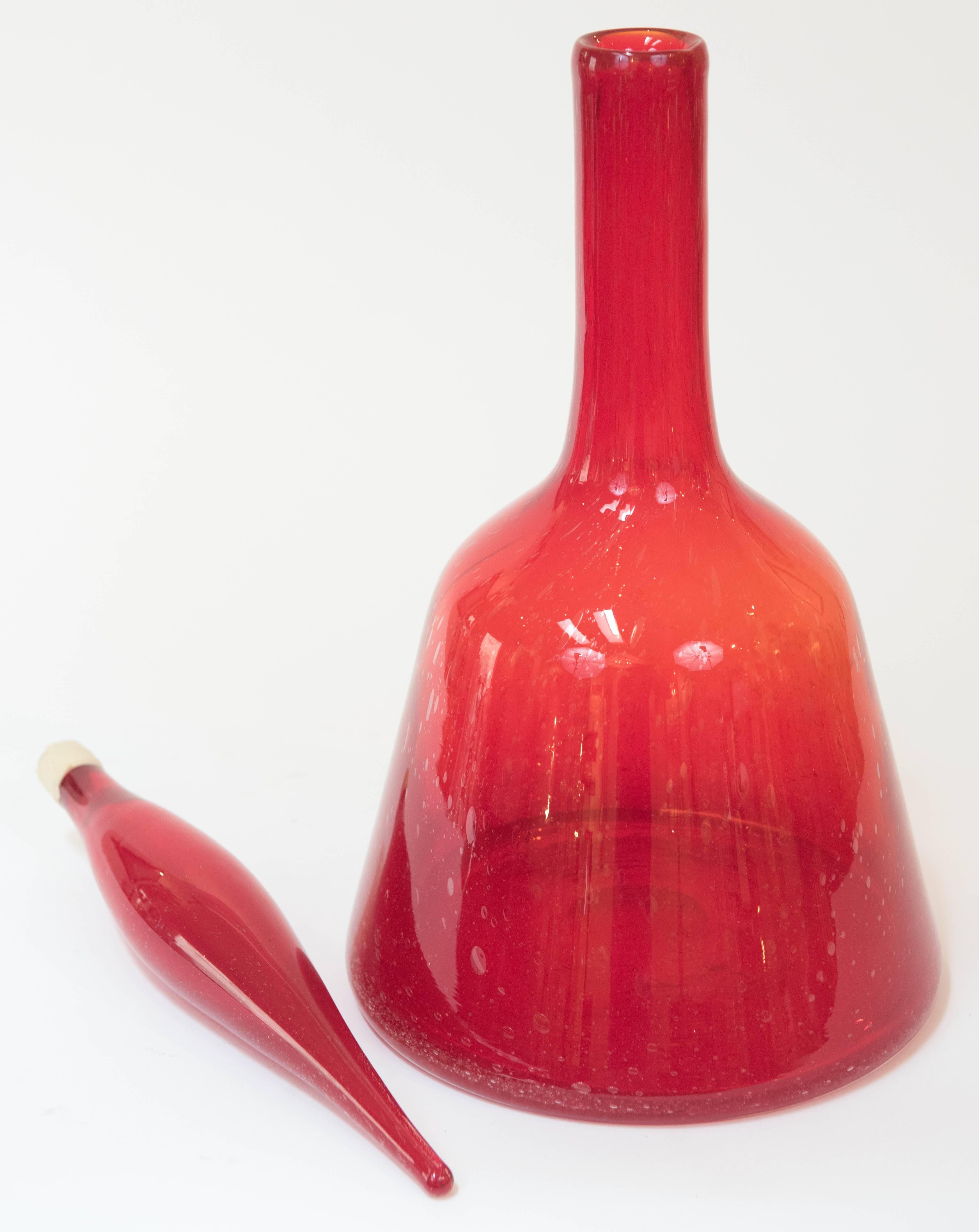 Mid-Century Modern Large Red Blenko Glass Decanter with Stopper, circa 1965