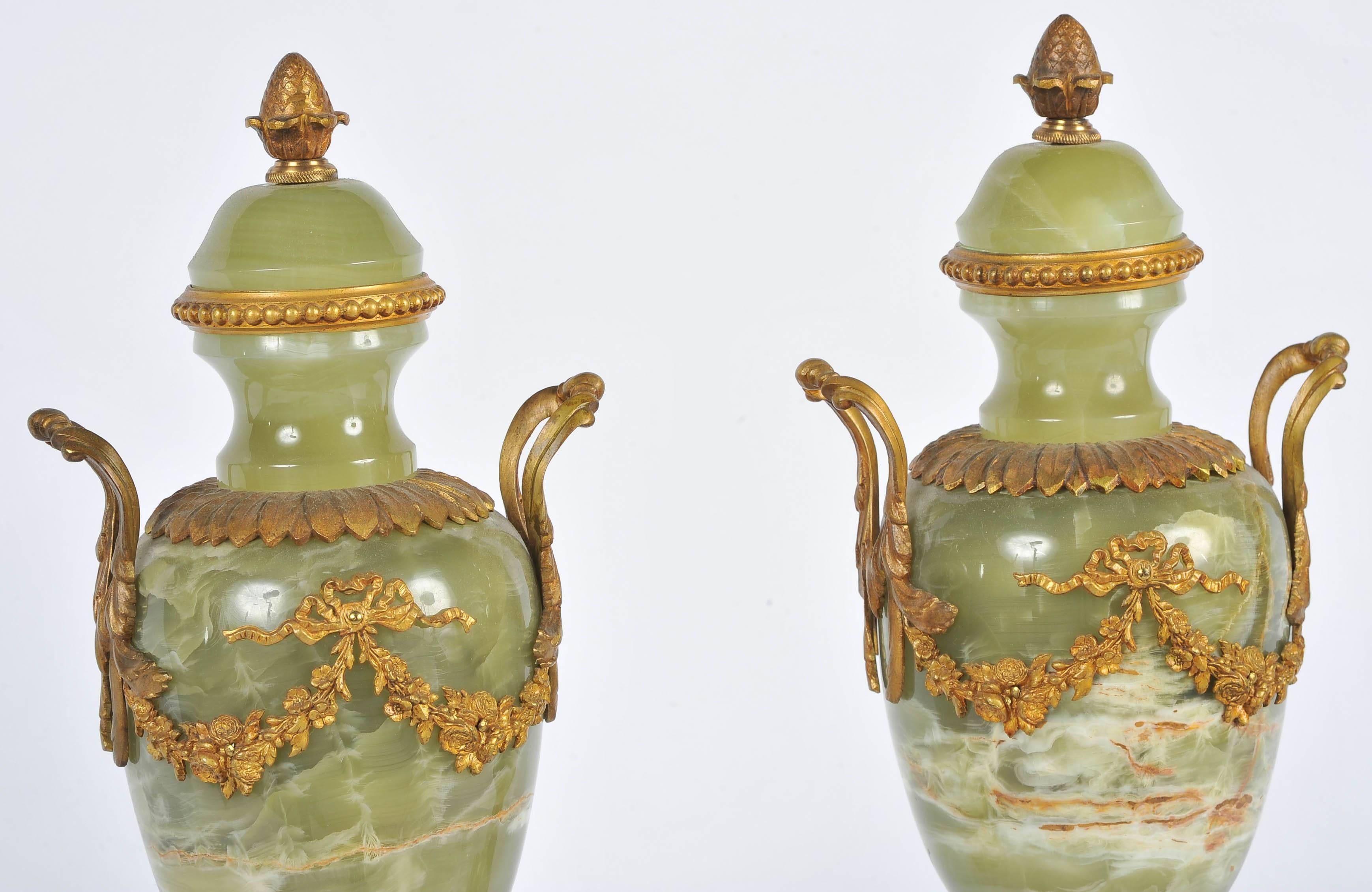 Carved 19th Century Pair of Onyx Urns