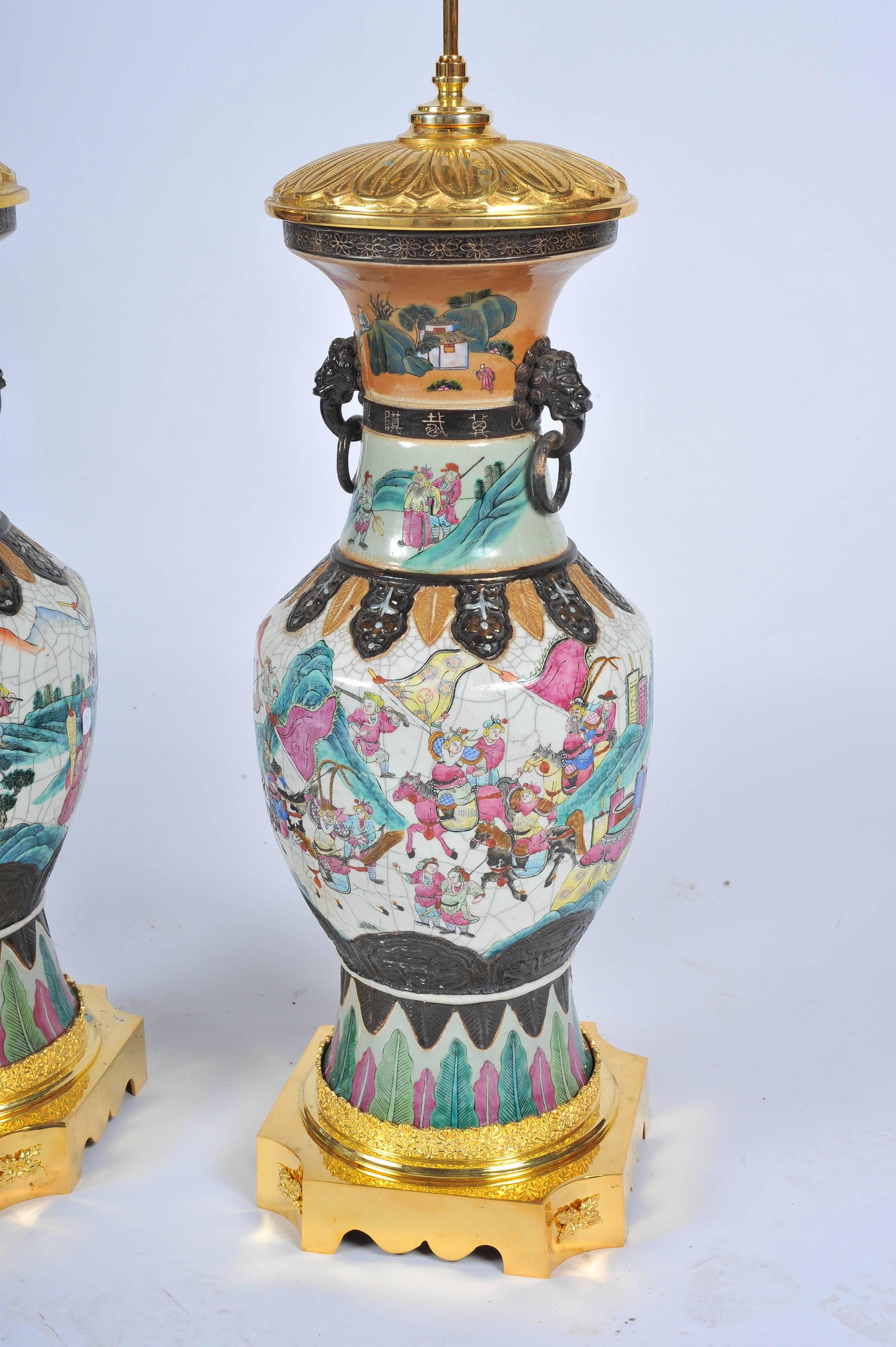 Hand-Painted Large Pair 19th Century Chinese Crackle Ware Vase or Lamps