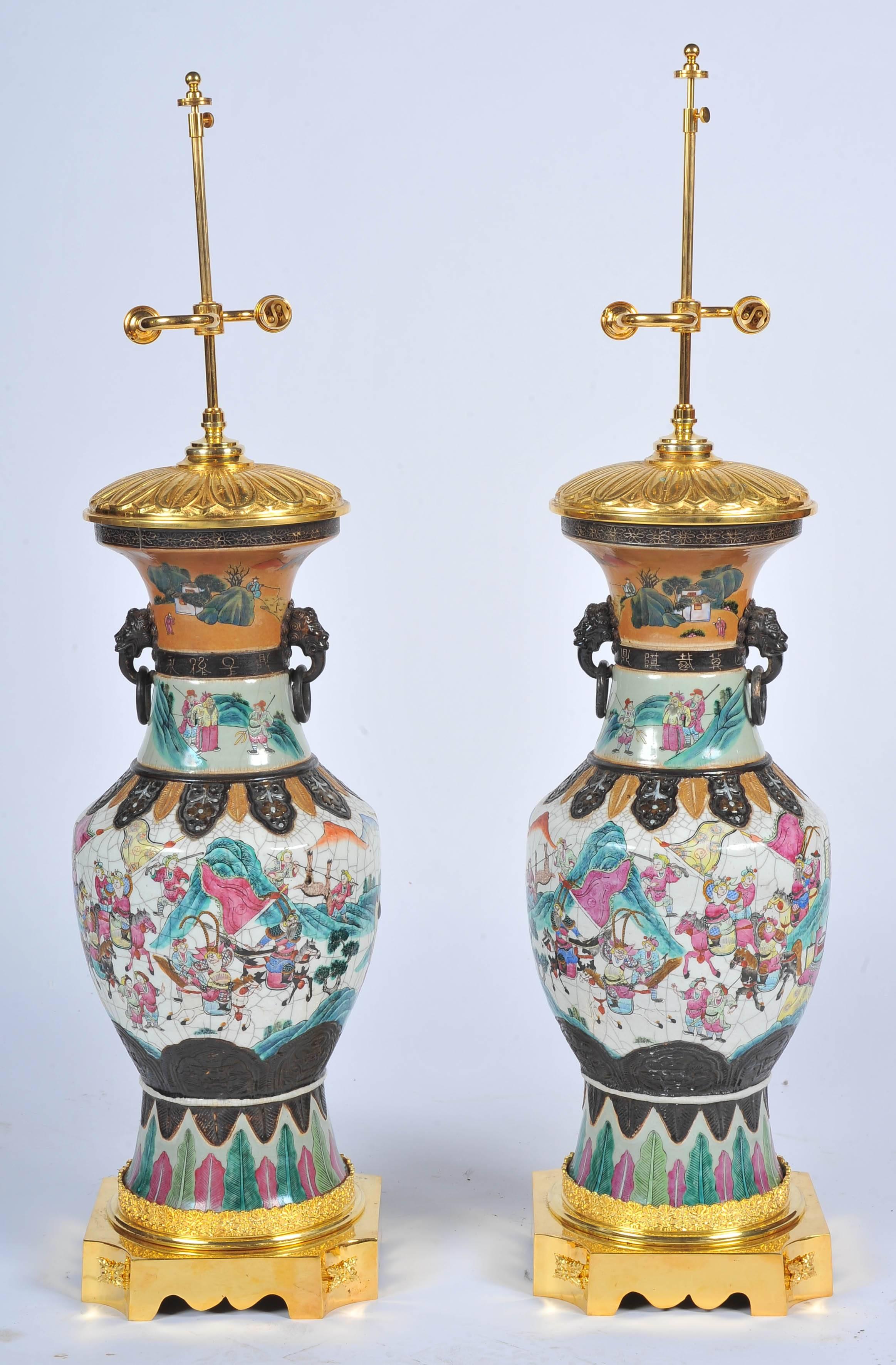 Large Pair 19th Century Chinese Crackle Ware Vase or Lamps 4