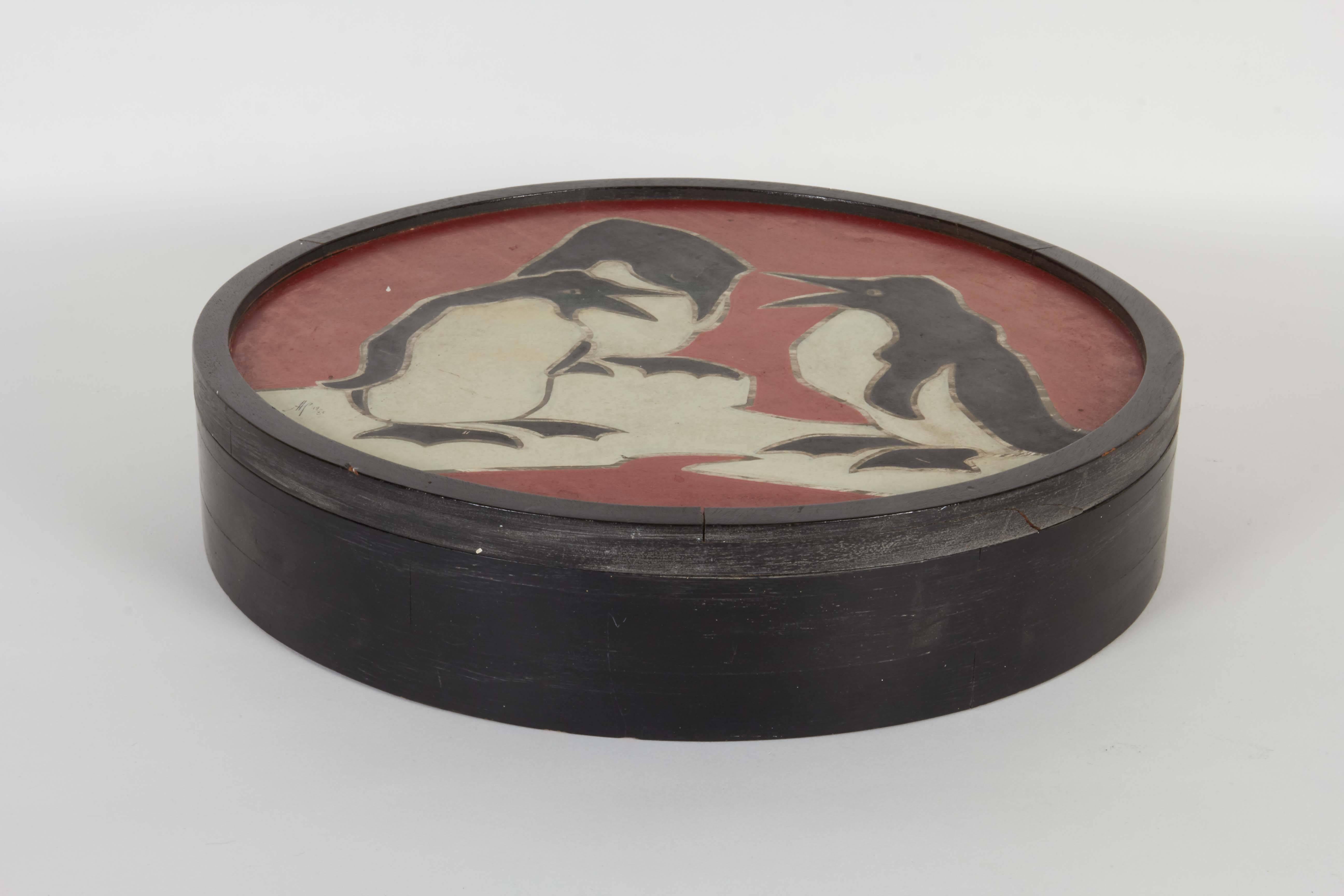 20th Century French Art Deco Round Box with Penguins