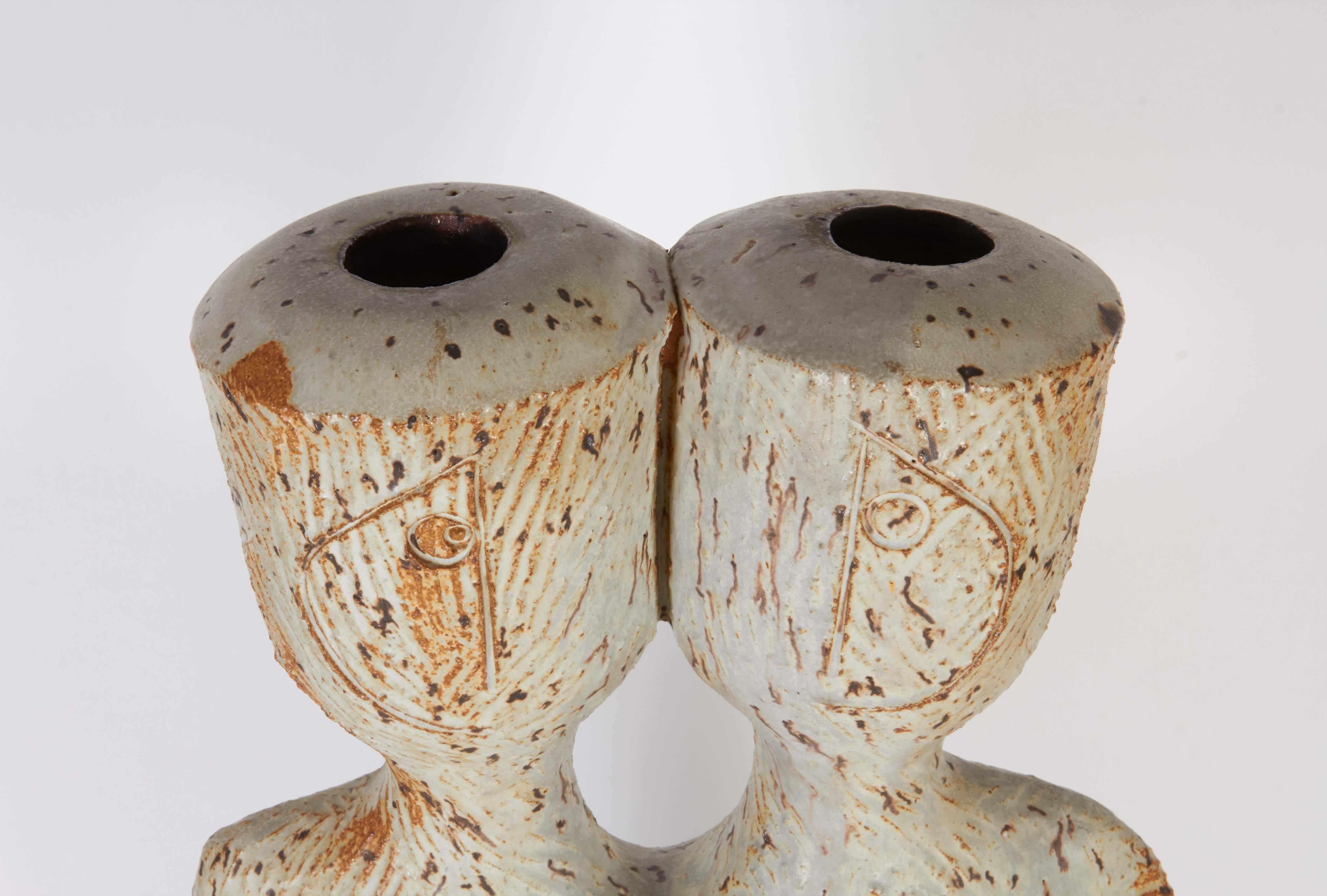 Glazed Modernist Two-Headed Sculptural Pottery Vase