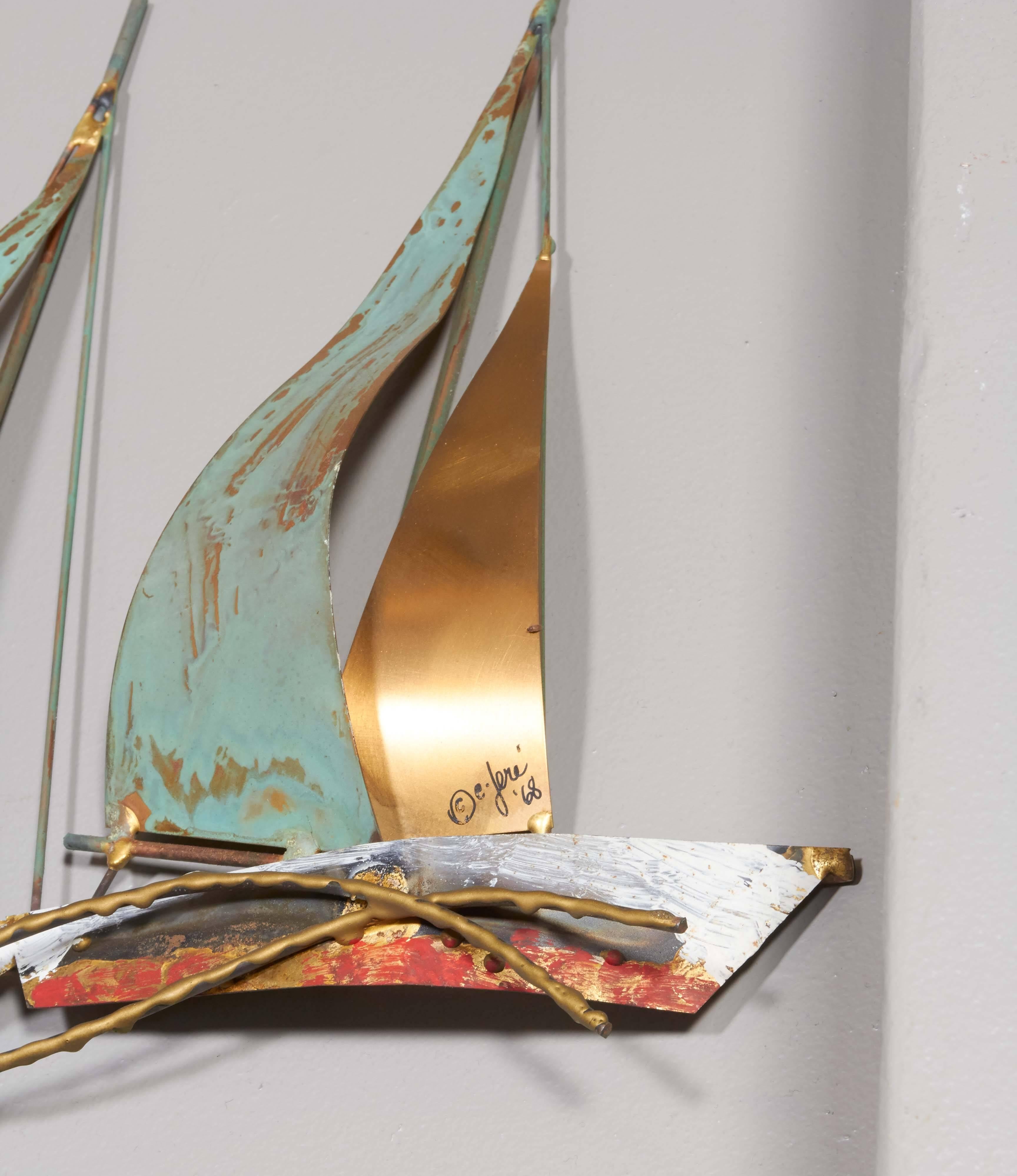 Patinated Curtis Jere Brutalist Wall Sculpture with Sailboats, Signed and Dated