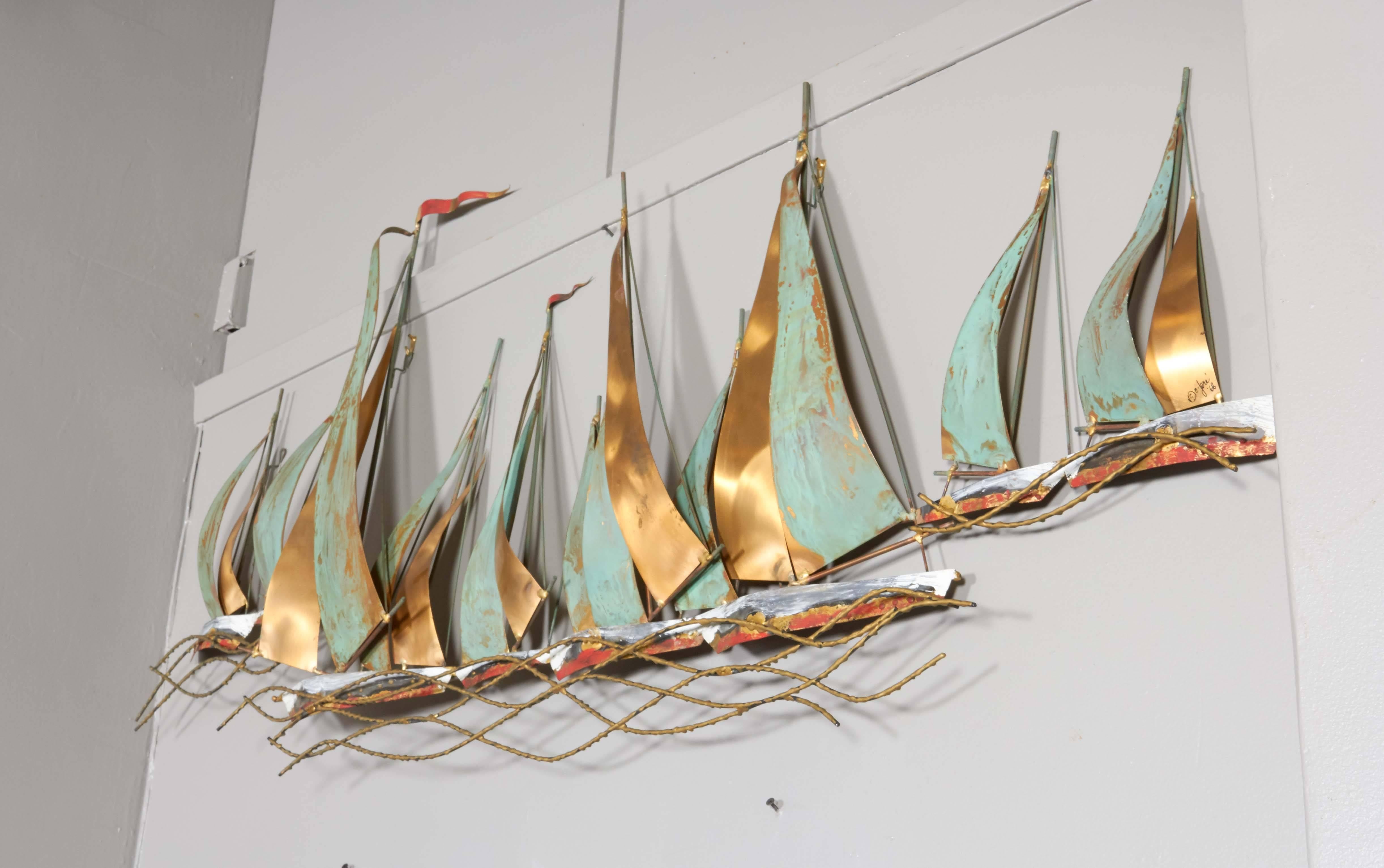 Curtis Jere Brutalist Wall Sculpture with Sailboats, Signed and Dated In Good Condition In New York, NY