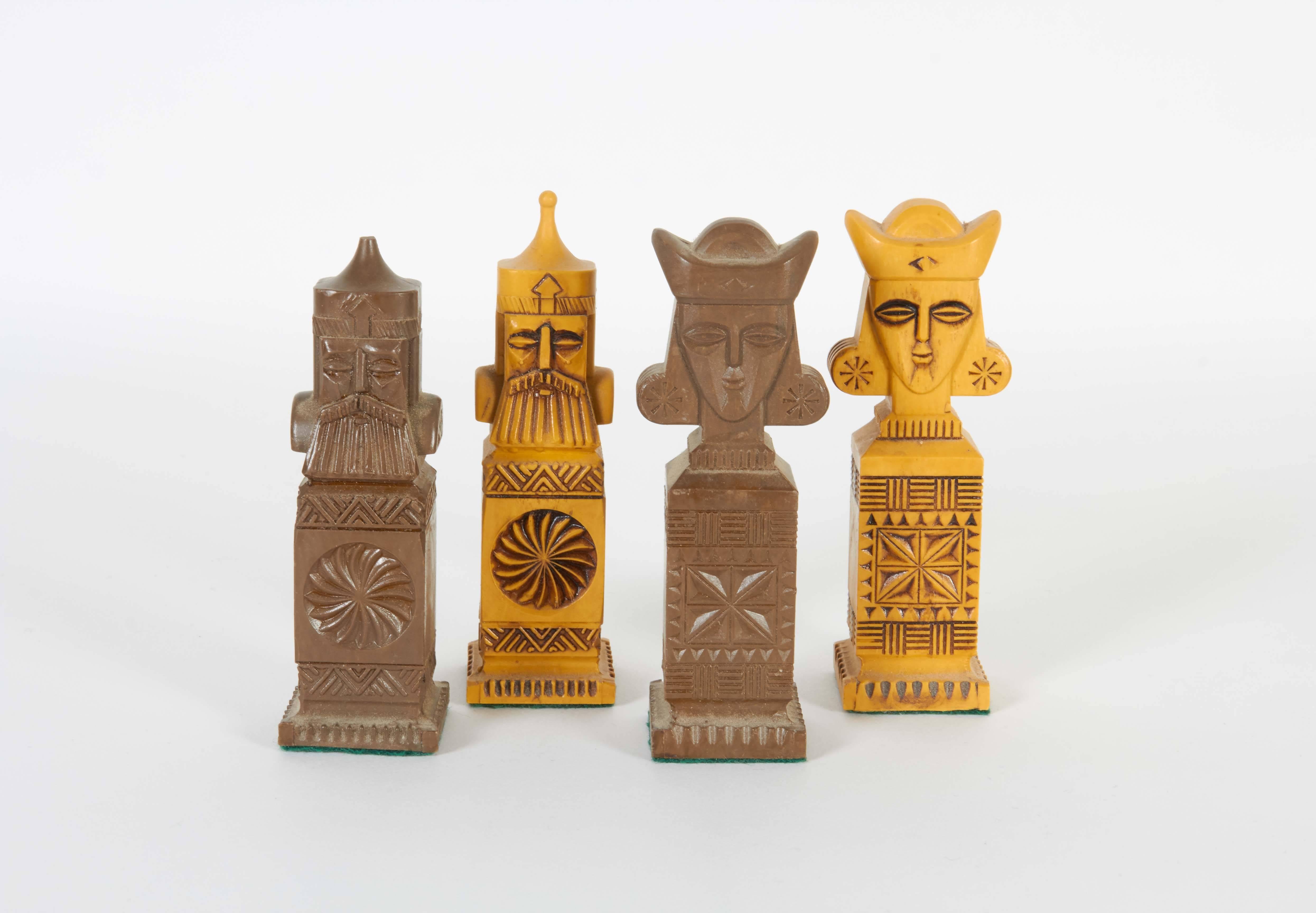 Burl Mid-Century Chess Set with Russian Resin Pieces