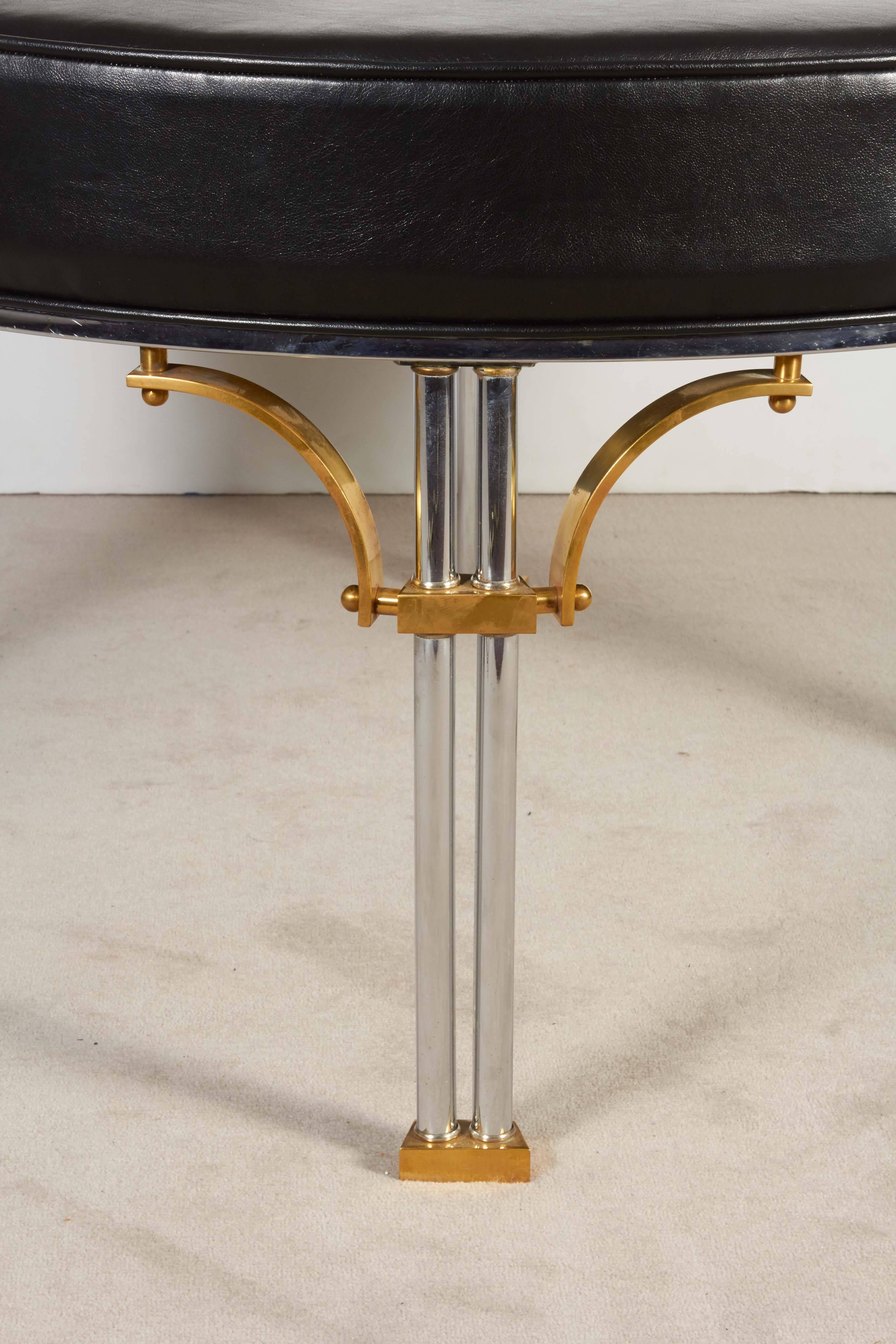 French Maison Jansen Round Ottoman on Base in Chromed Steel and Brass