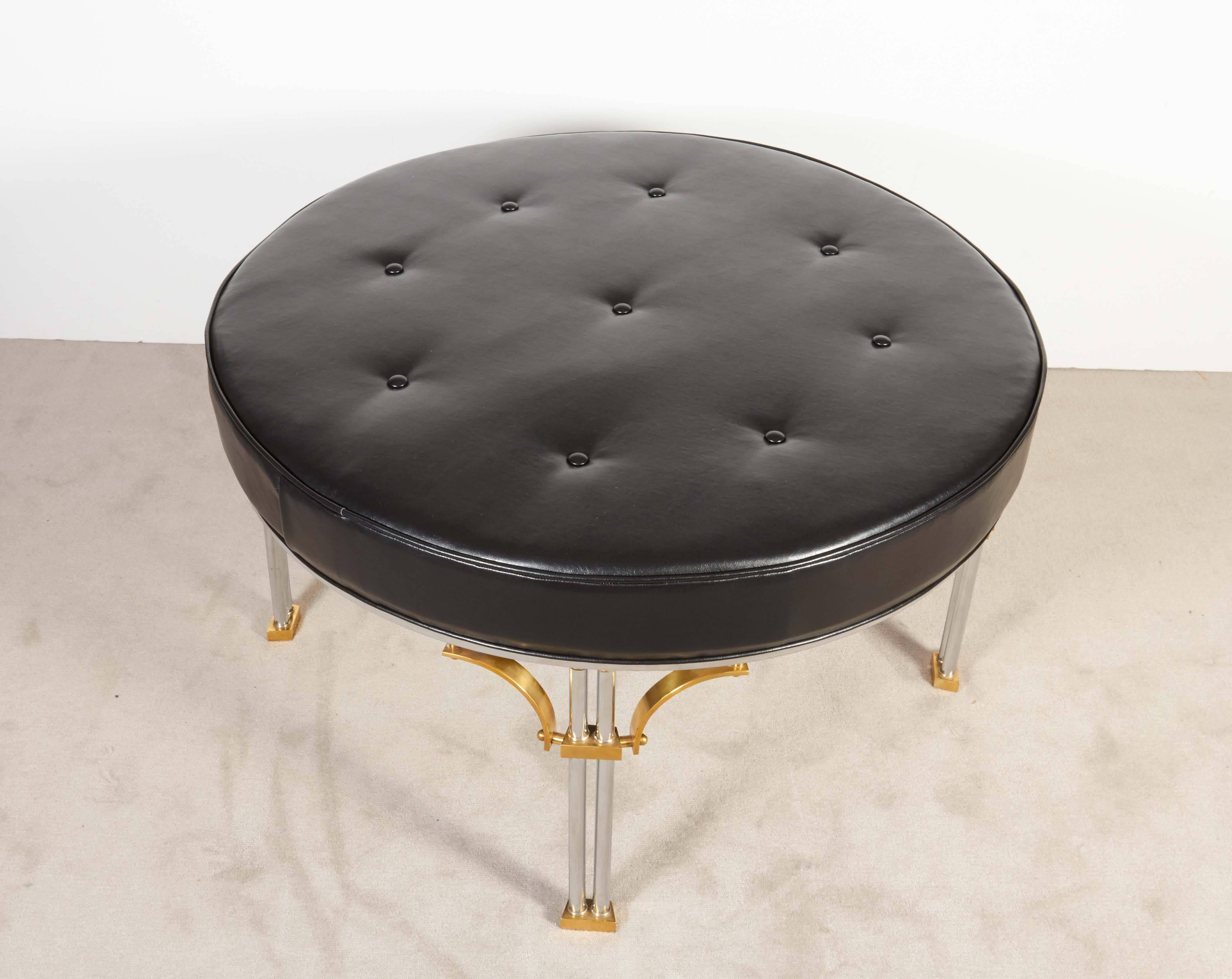 Plated Maison Jansen Round Ottoman on Base in Chromed Steel and Brass