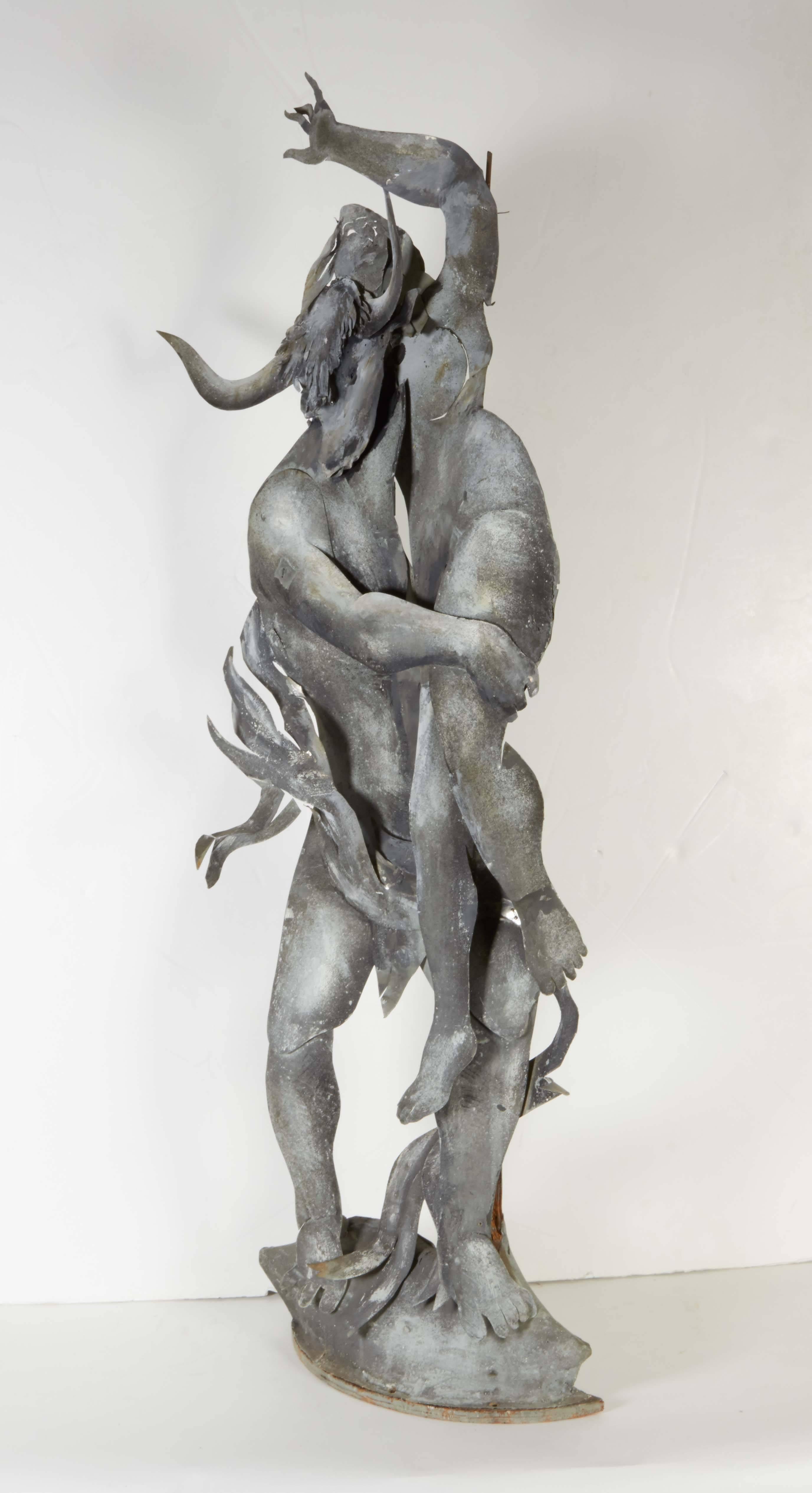 Wood Modernist Sculpture of the Minotaur Abducting a Maiden