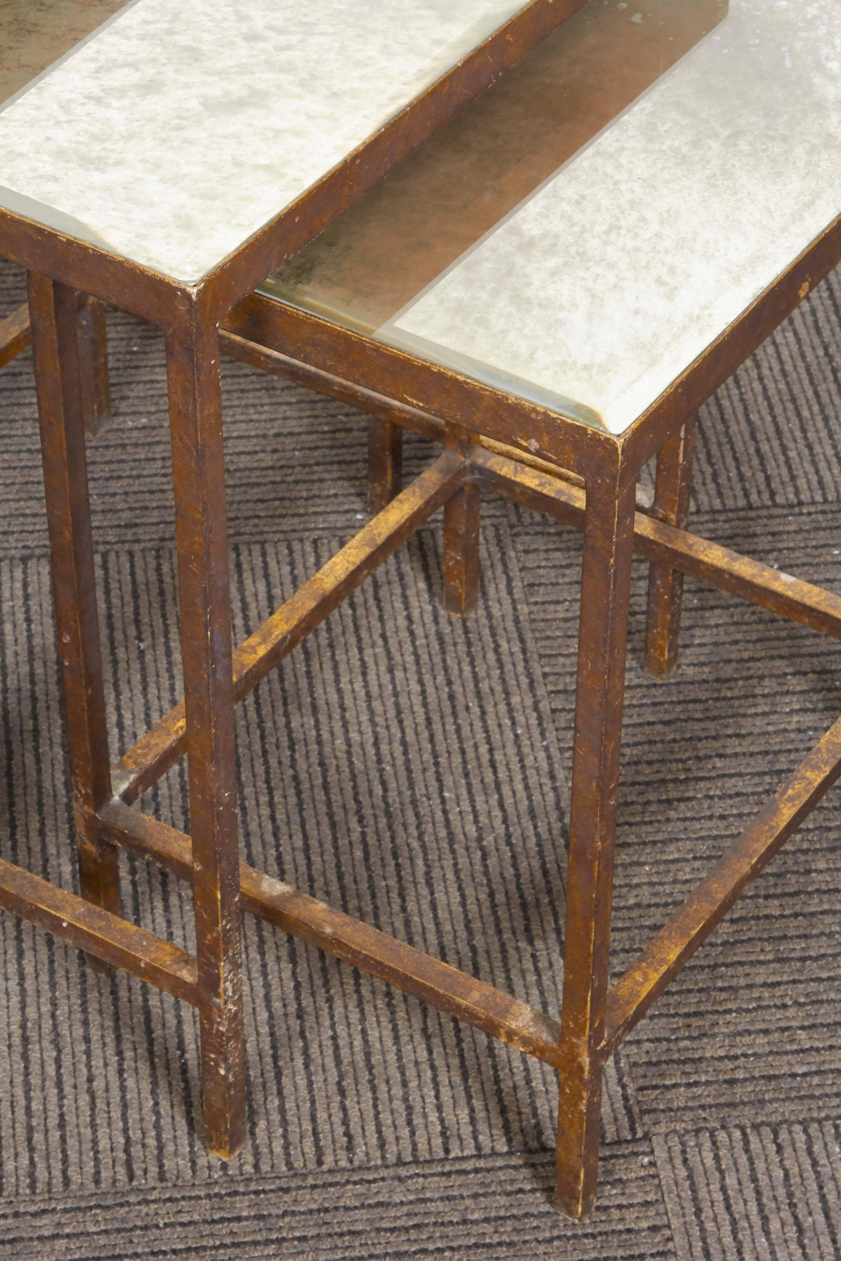 Contemporary Set of Three Gilt Metal Nesting Tables with Mirrored Tops