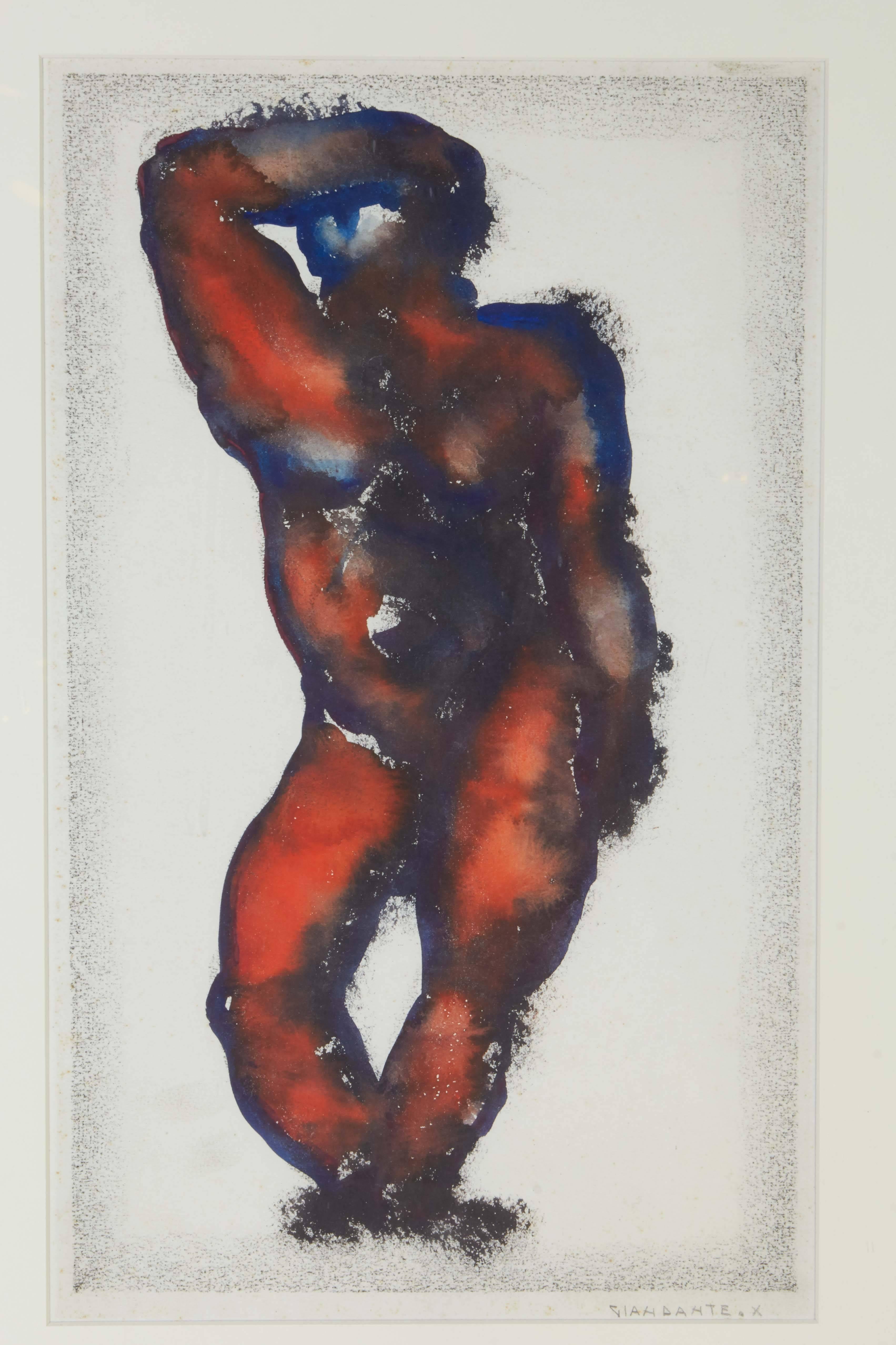 Paired signed and framed modern watercolor paintings on paper by 20th century Italian artist Dante Pescò (Milano, 1899-1984), better known by his pseudonym 'Giandante X', depicting an abstracted posing nude and a man's head, vibrantly colored.