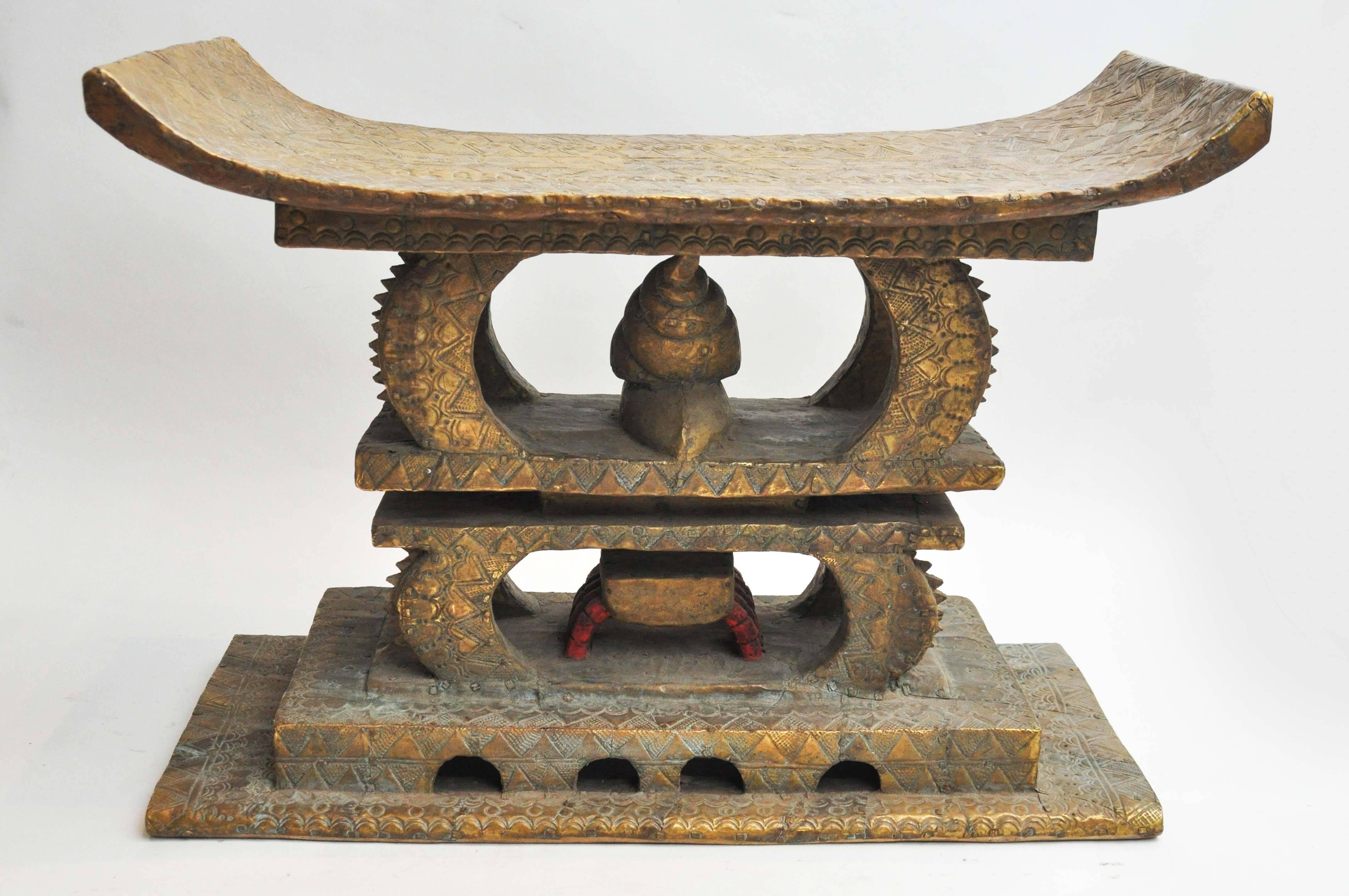 Early 20th Century Peace Stool from Ghana 'Ashanti' in Etched Brass 5