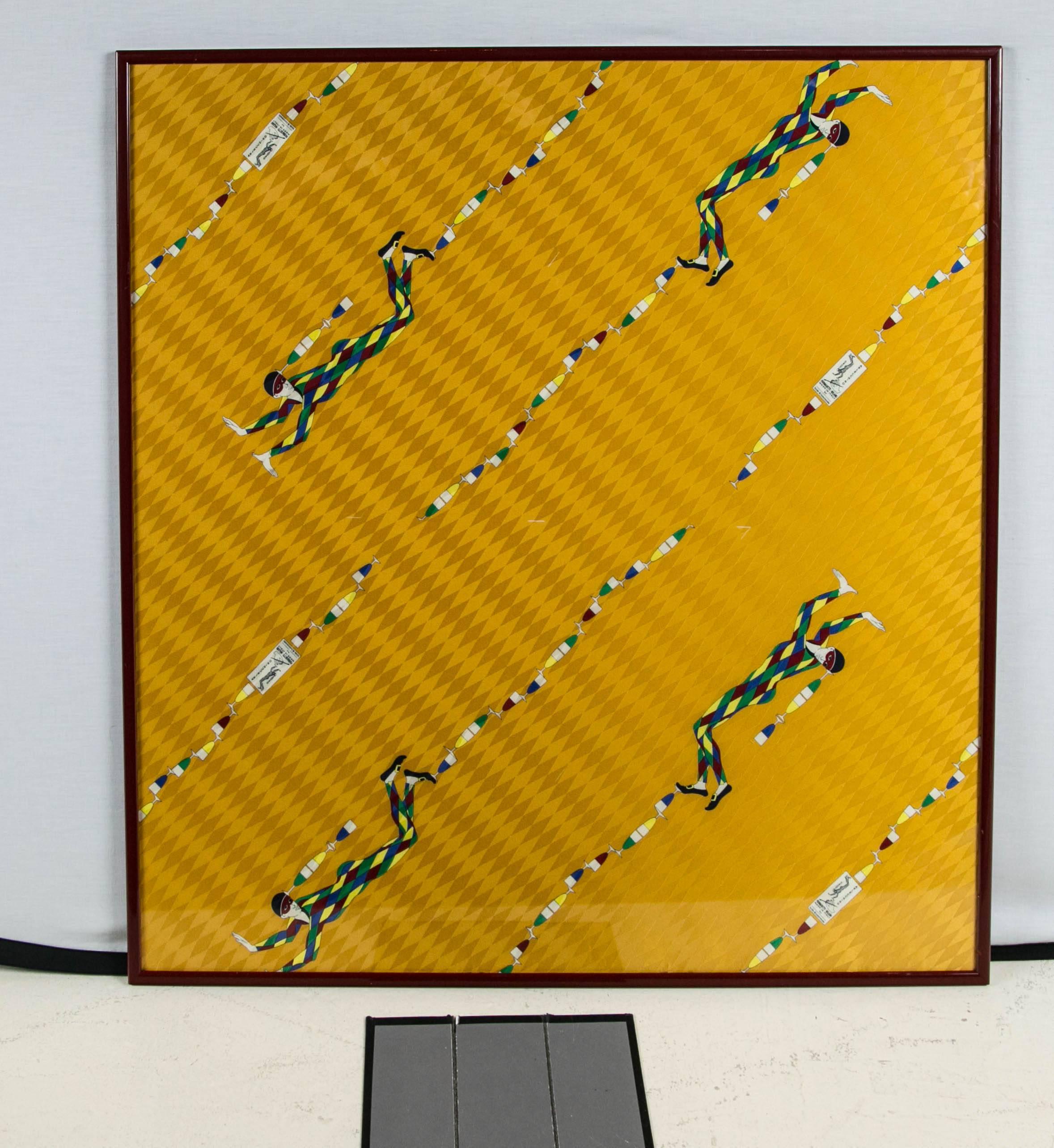 Rare Mid-Century Harlequin scarf framed. Scarf an early theme in Fornasetti designs. Pristine condition and signed in two places. A very unique and special example of the brilliance of Fornasetti. Bought from collector in Europe.