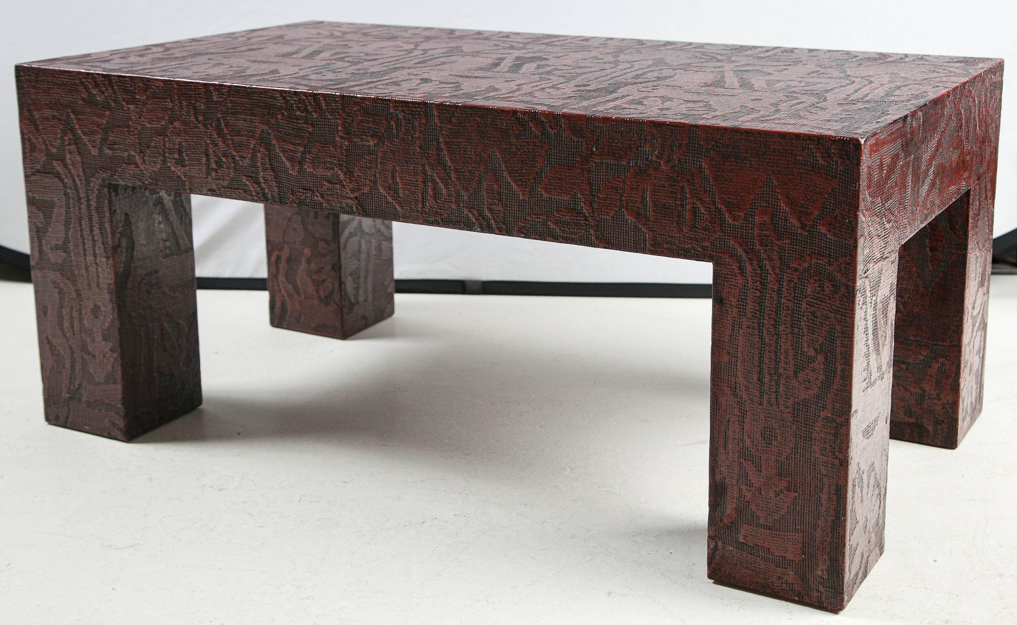 Karl Springer style Chinese red lacquered linen low Parson's table.