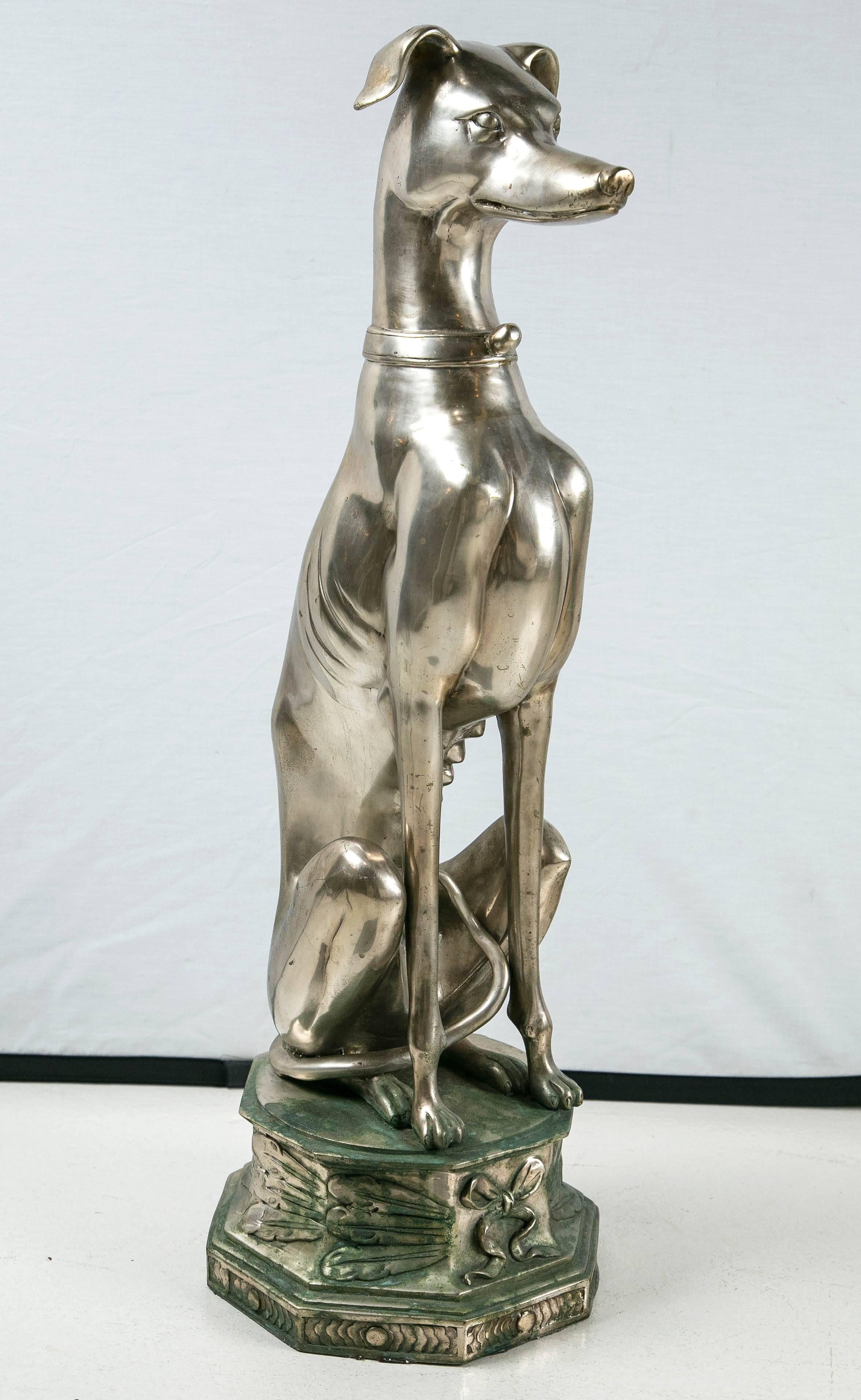 Incredible greyhound statue with wonderful detail, nay have been a trophy.
Nickel over brass.