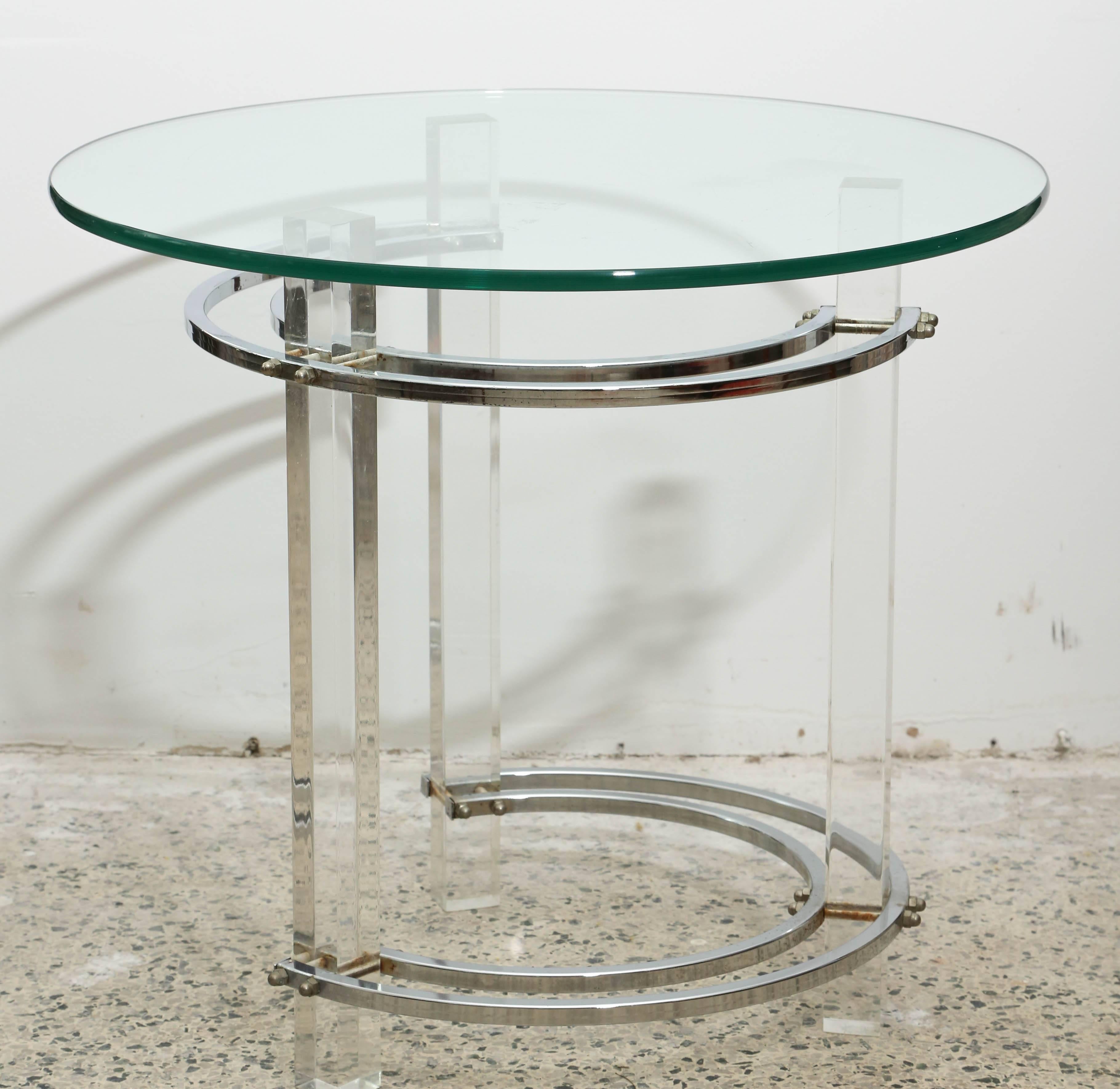 Pair of round chrome and glass Charles Hollis Jones end tables from the 1970s USA.