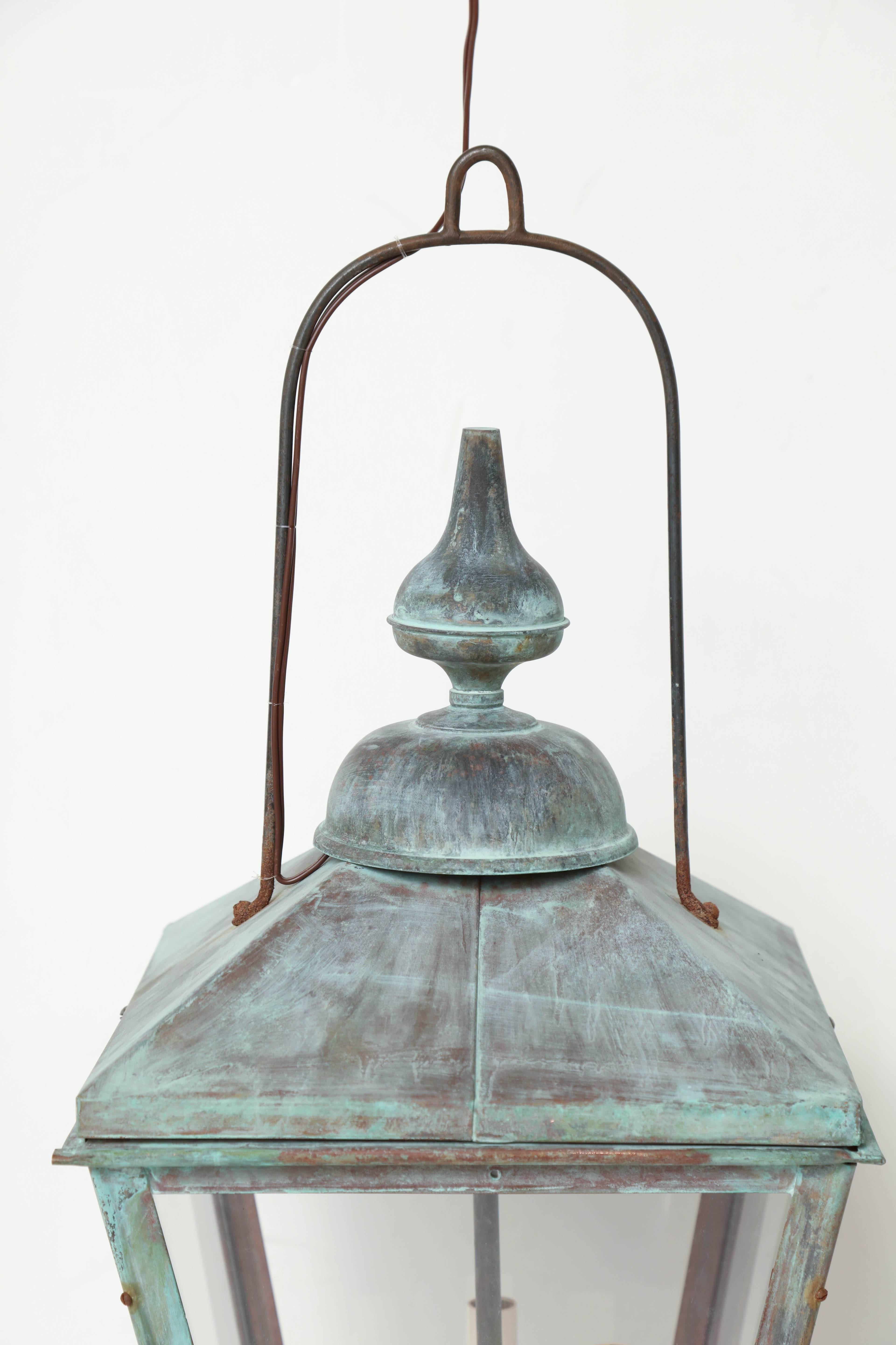 French Pair of Patinated Copper Square Lanterns with Four Lights, France, circa 1950