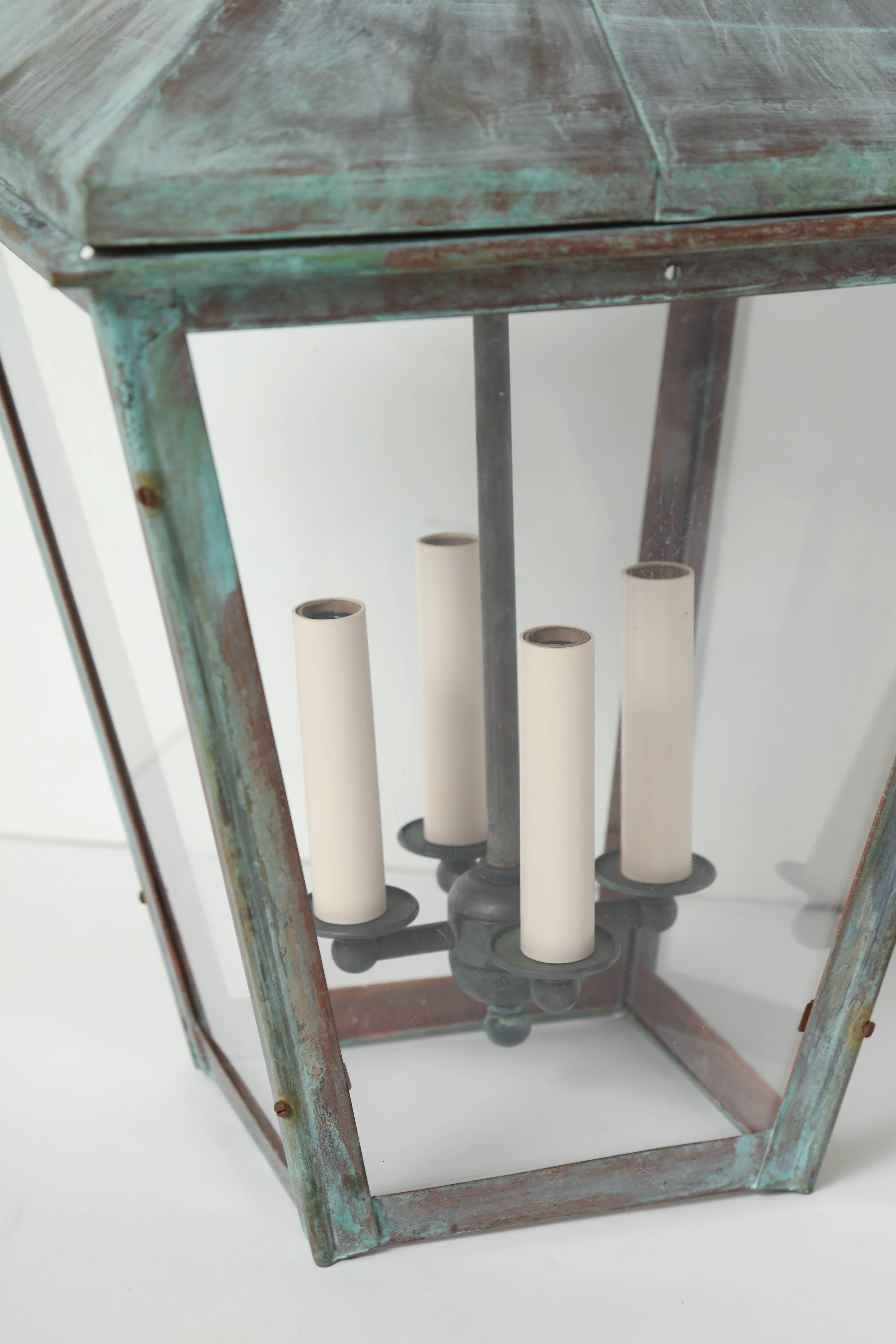 Pair of Patinated Copper Square Lanterns with Four Lights, France, circa 1950 In Distressed Condition In New York, NY