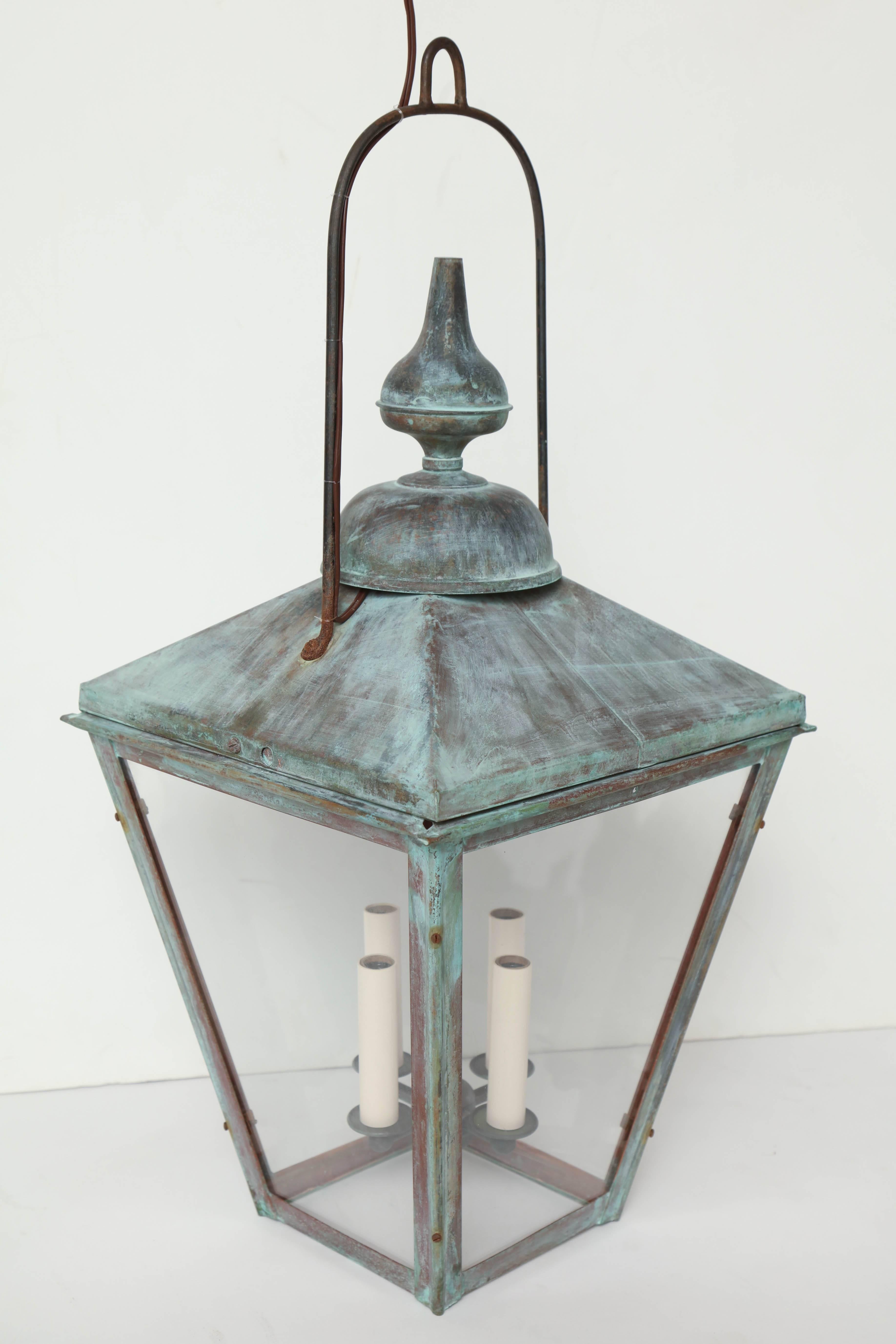 Mid-20th Century Pair of Patinated Copper Square Lanterns with Four Lights, France, circa 1950