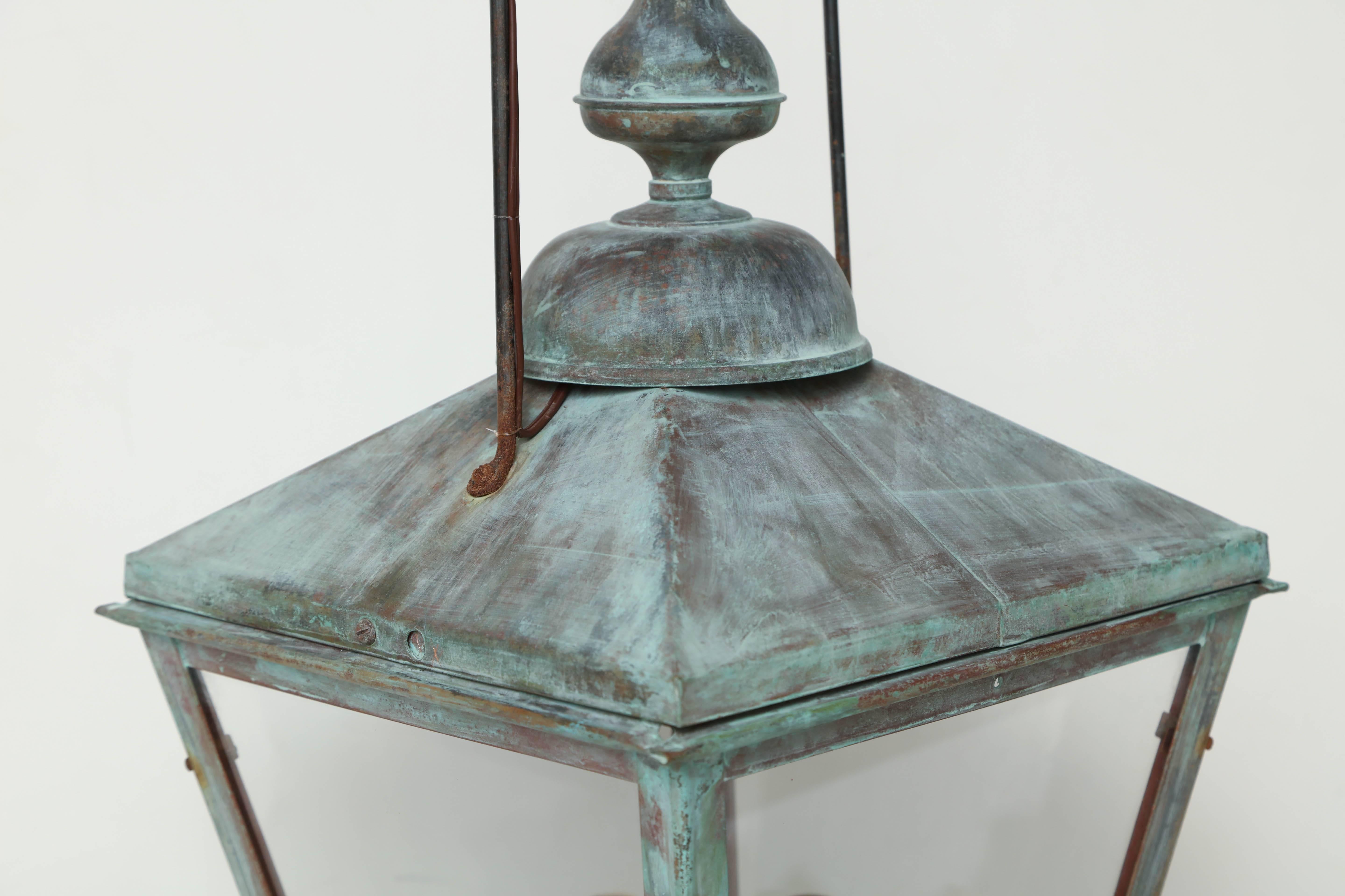 Pair of Patinated Copper Square Lanterns with Four Lights, France, circa 1950 1