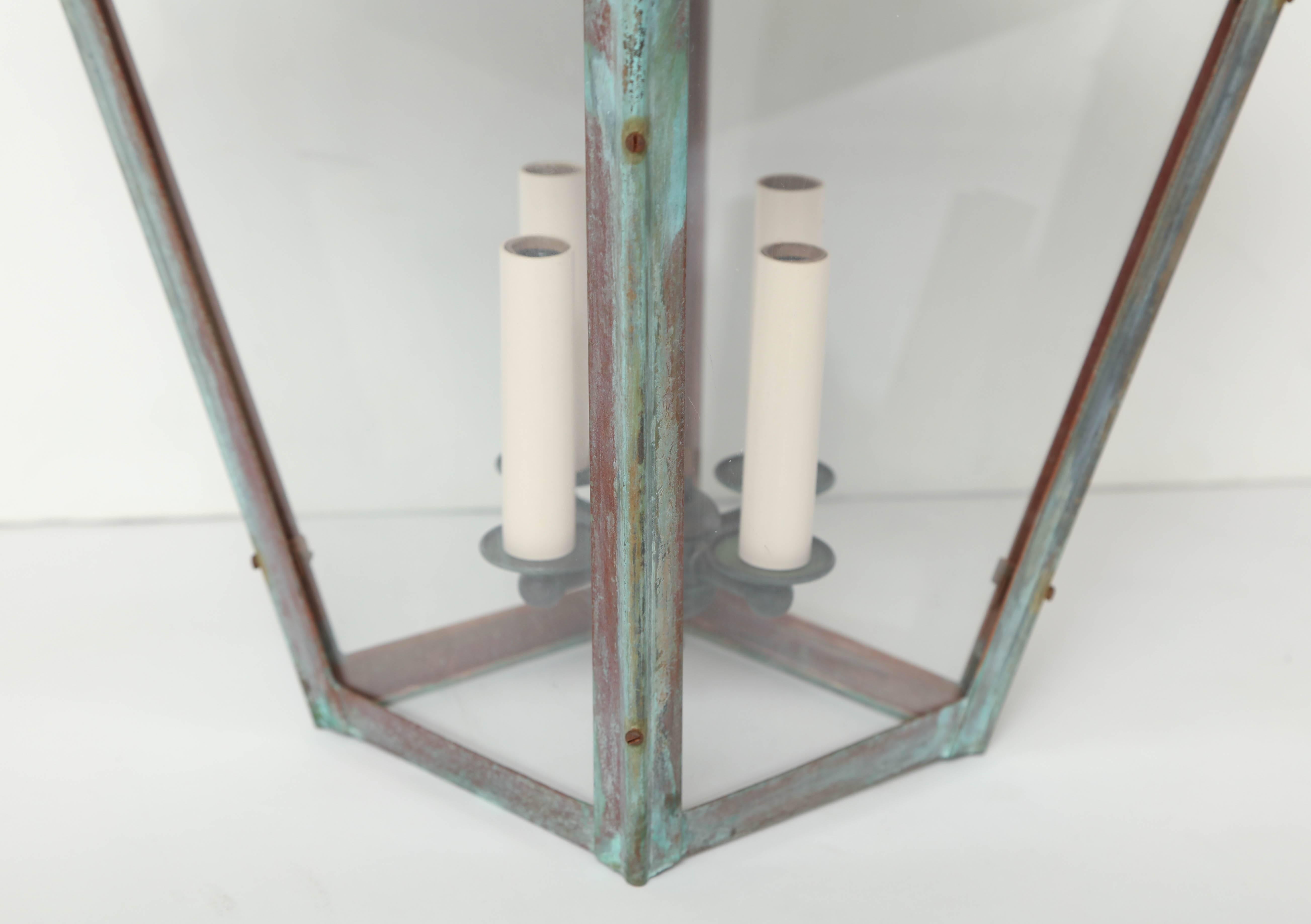 Pair of Patinated Copper Square Lanterns with Four Lights, France, circa 1950 2