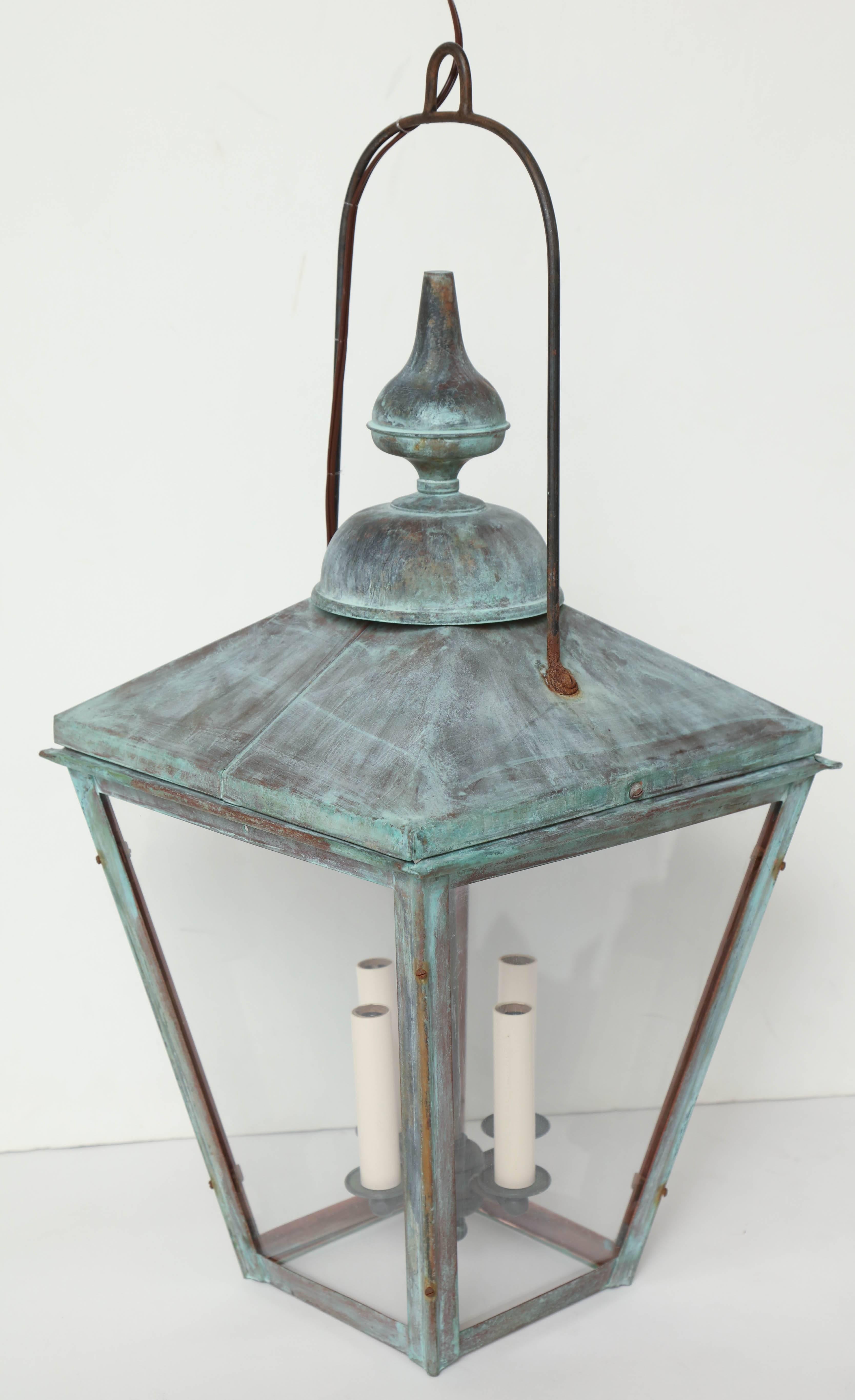 Pair of Patinated Copper Square Lanterns with Four Lights, France, circa 1950 3