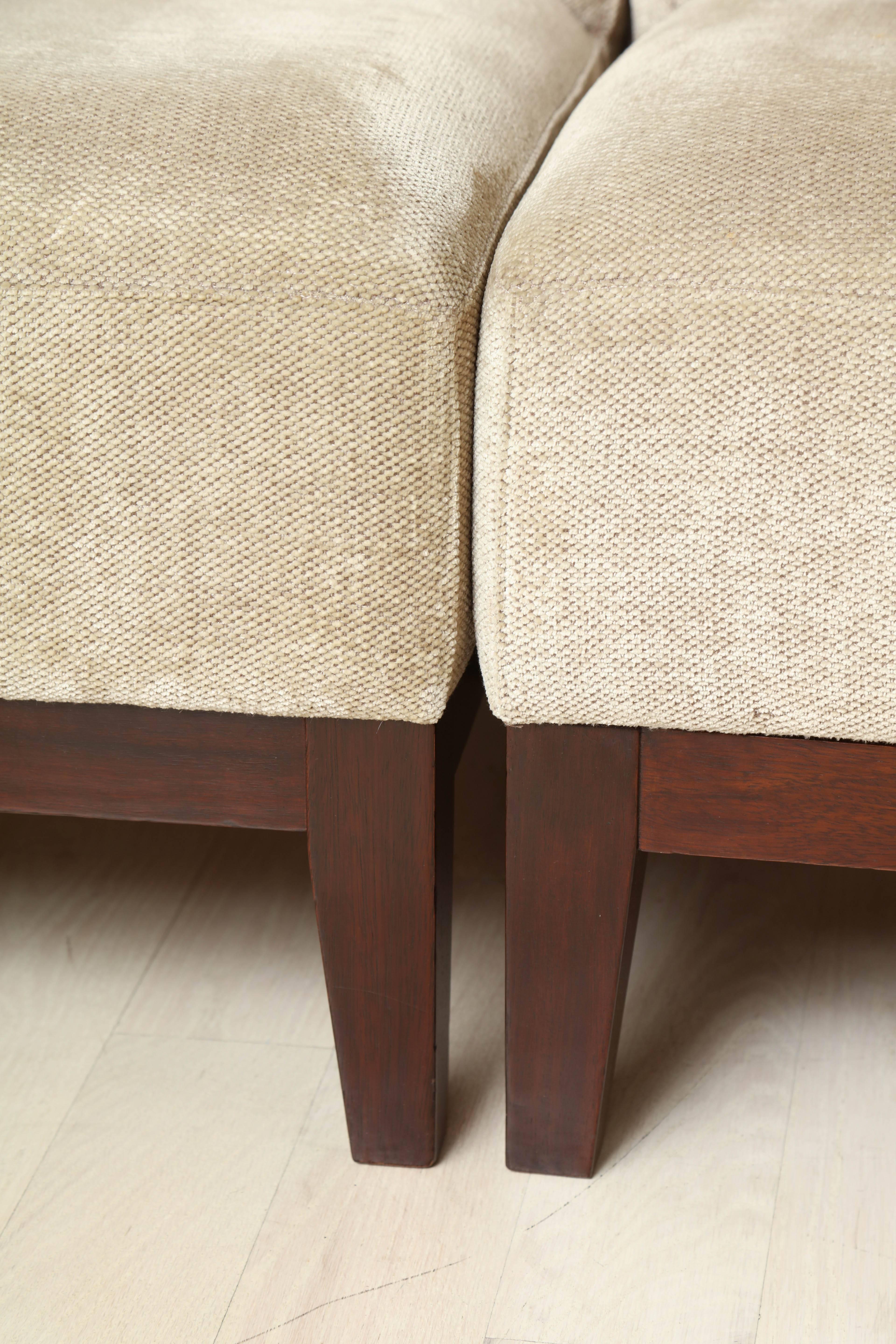 Belgian Pair of Modern Single Arm Wood and Upholstered Beige Chenille Chairs, Belgium For Sale