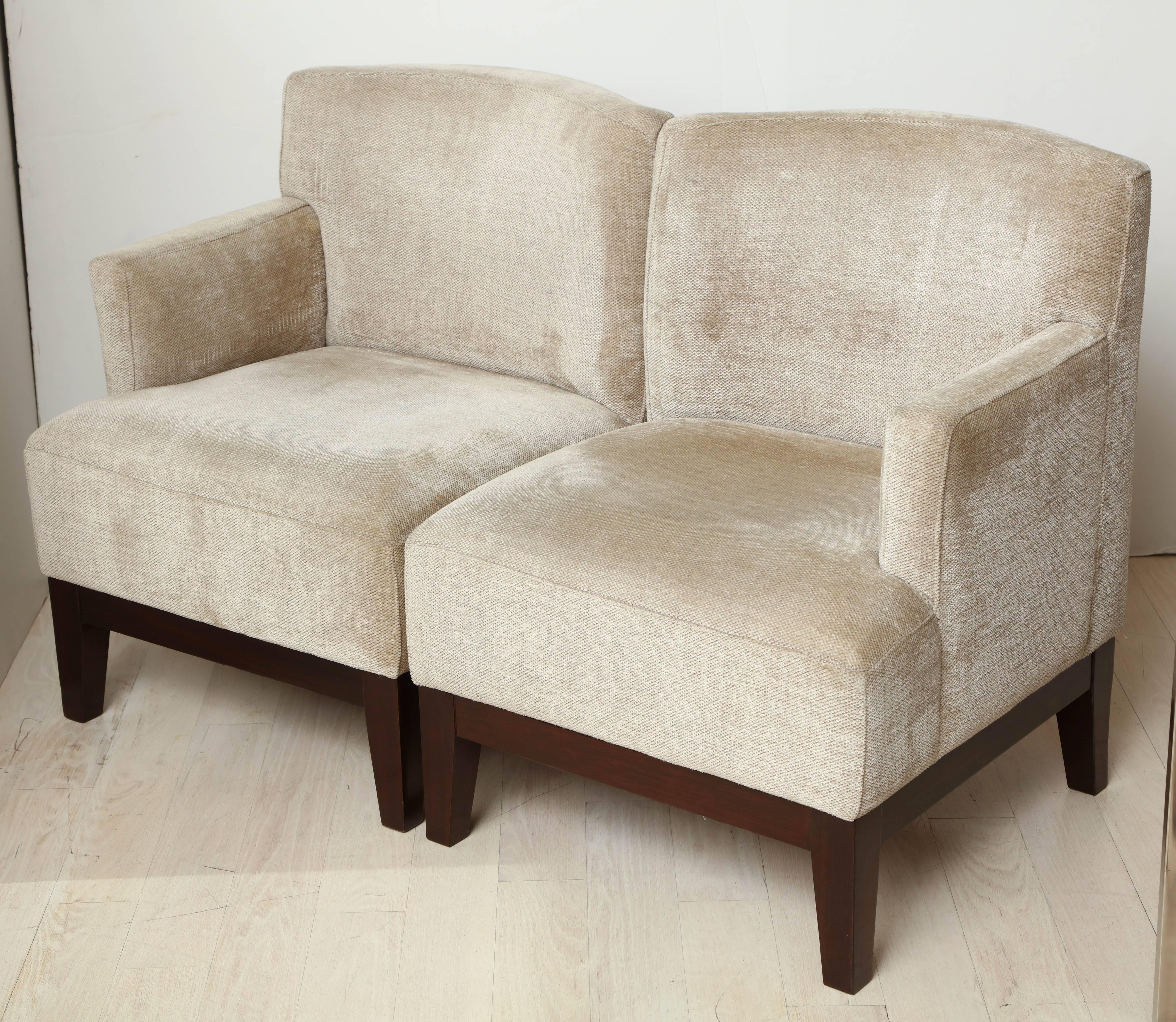 Late 20th Century Pair of Modern Single Arm Wood and Upholstered Beige Chenille Chairs, Belgium For Sale